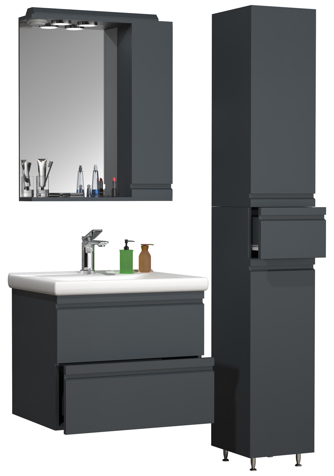 VCM 4-tlg. Waschplatz Waschtisch 60 cm Badmöbel Set Waschbecken grifflose Schublade Spiegelschrank Hochschrank Silora L