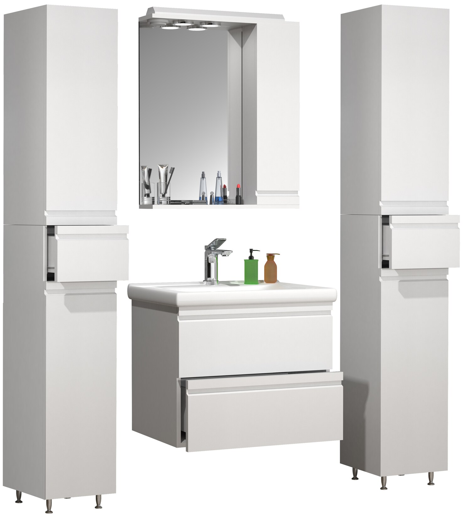 VCM 5-tlg. Waschplatz Waschtisch Unterschrank 60 cm Badmöbel Set mit Keramik Waschbecken grifflosen Schubladen Spiegelschrank 2x Hochschrank Komplettset Silora L