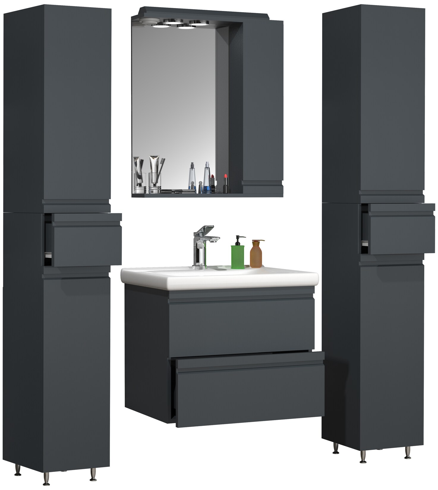 VCM 5-tlg. Waschplatz Waschtisch Unterschrank 60 cm Badmöbel Set mit Keramik Waschbecken grifflosen Schubladen Spiegelschrank 2x Hochschrank Komplettset Silora L