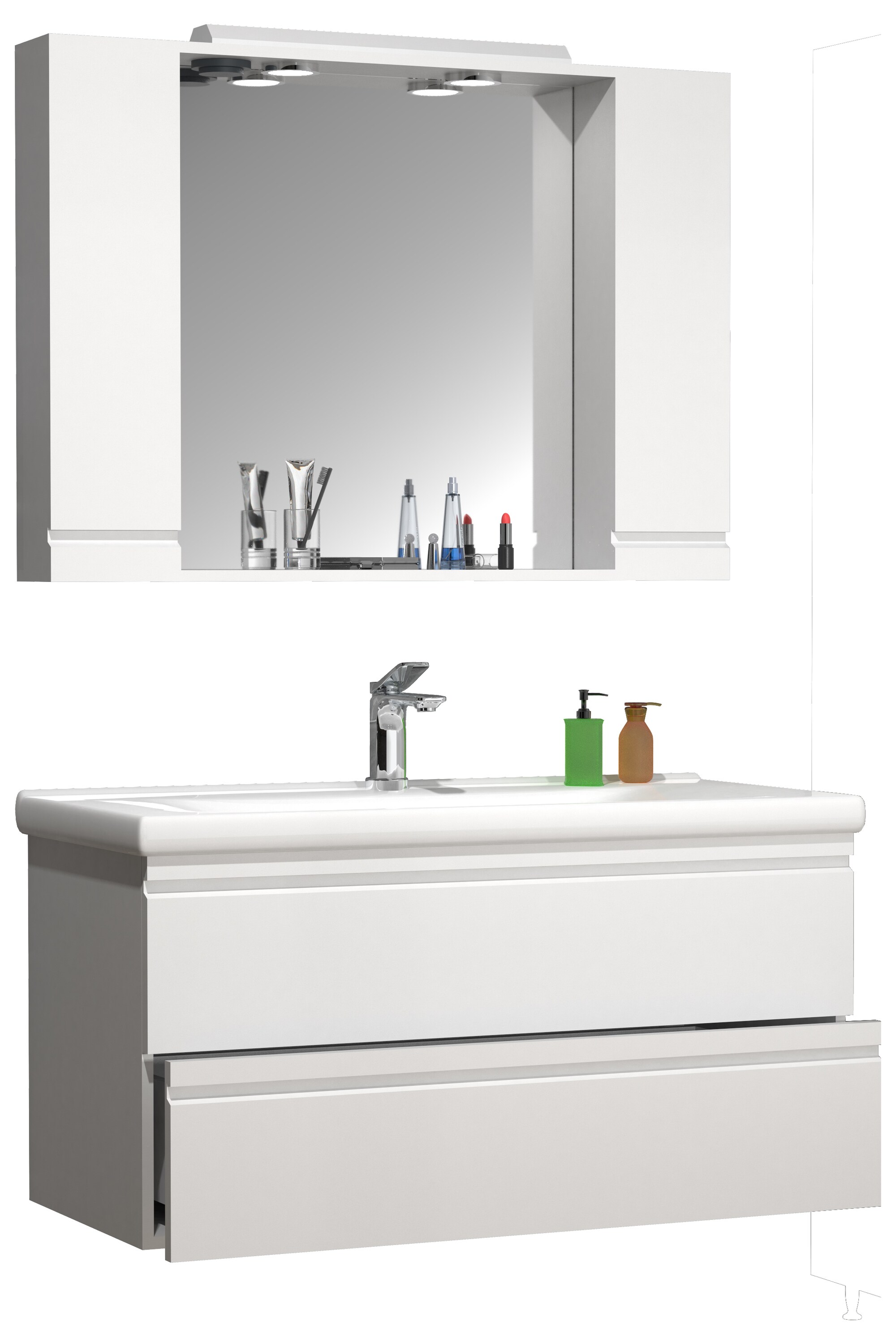 VCM 3-tlg. Waschplatz | Waschtisch Unterschrank 100 cm | Badm&ouml;bel Set mit Waschbecken | grifflose Schubladen | Spiegelschrank | Komplett Silora XL - Bild 1