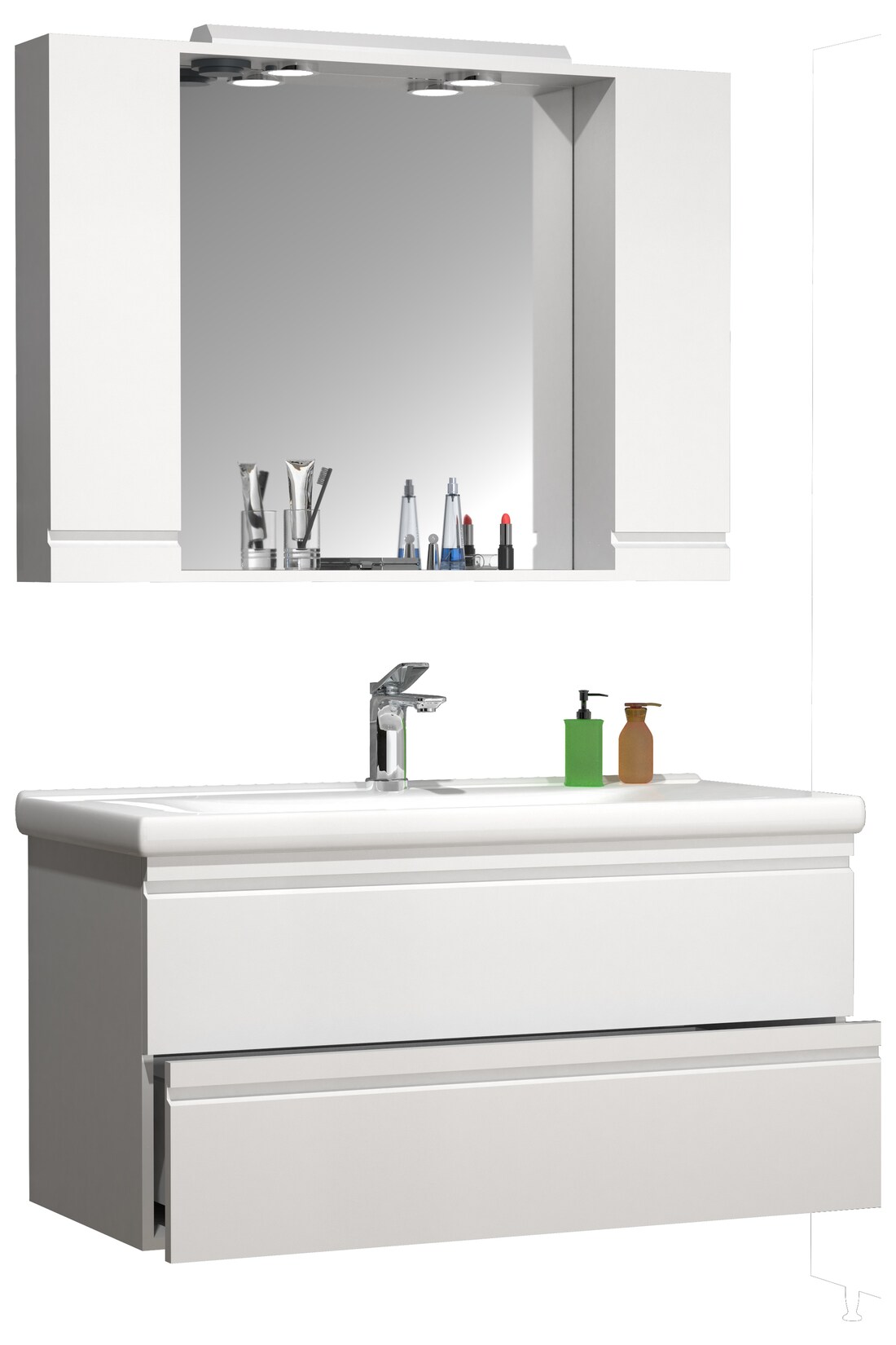 VCM 3-tlg. Waschplatz Waschtisch Unterschrank 100 cm Badmöbel Set mit Waschbecken grifflose Schubladen Spiegelschrank Komplett Silora XL