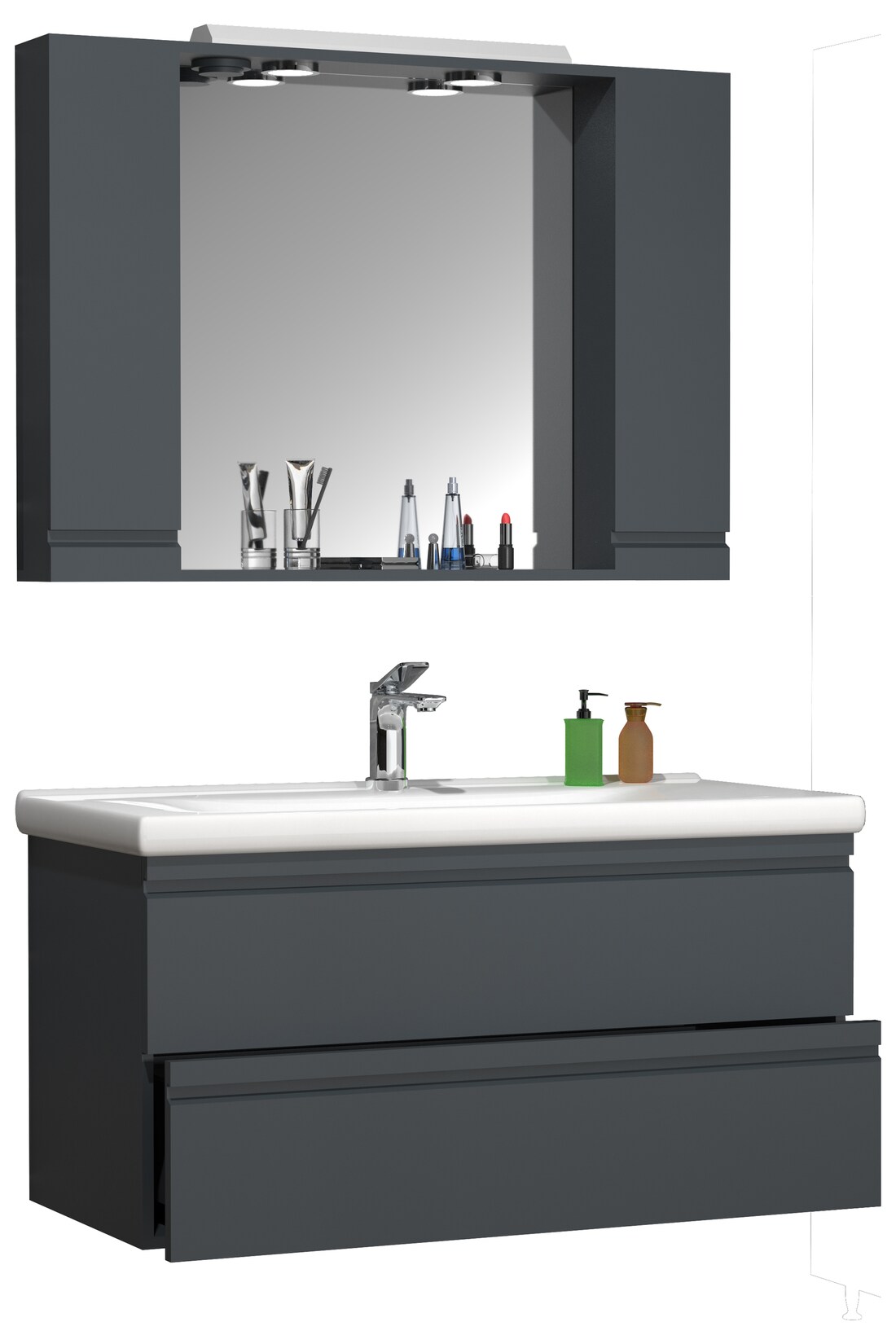 VCM 3-tlg. Waschplatz Waschtisch Unterschrank 100 cm Badmöbel Set mit Waschbecken grifflose Schubladen Spiegelschrank Komplett Silora XL
