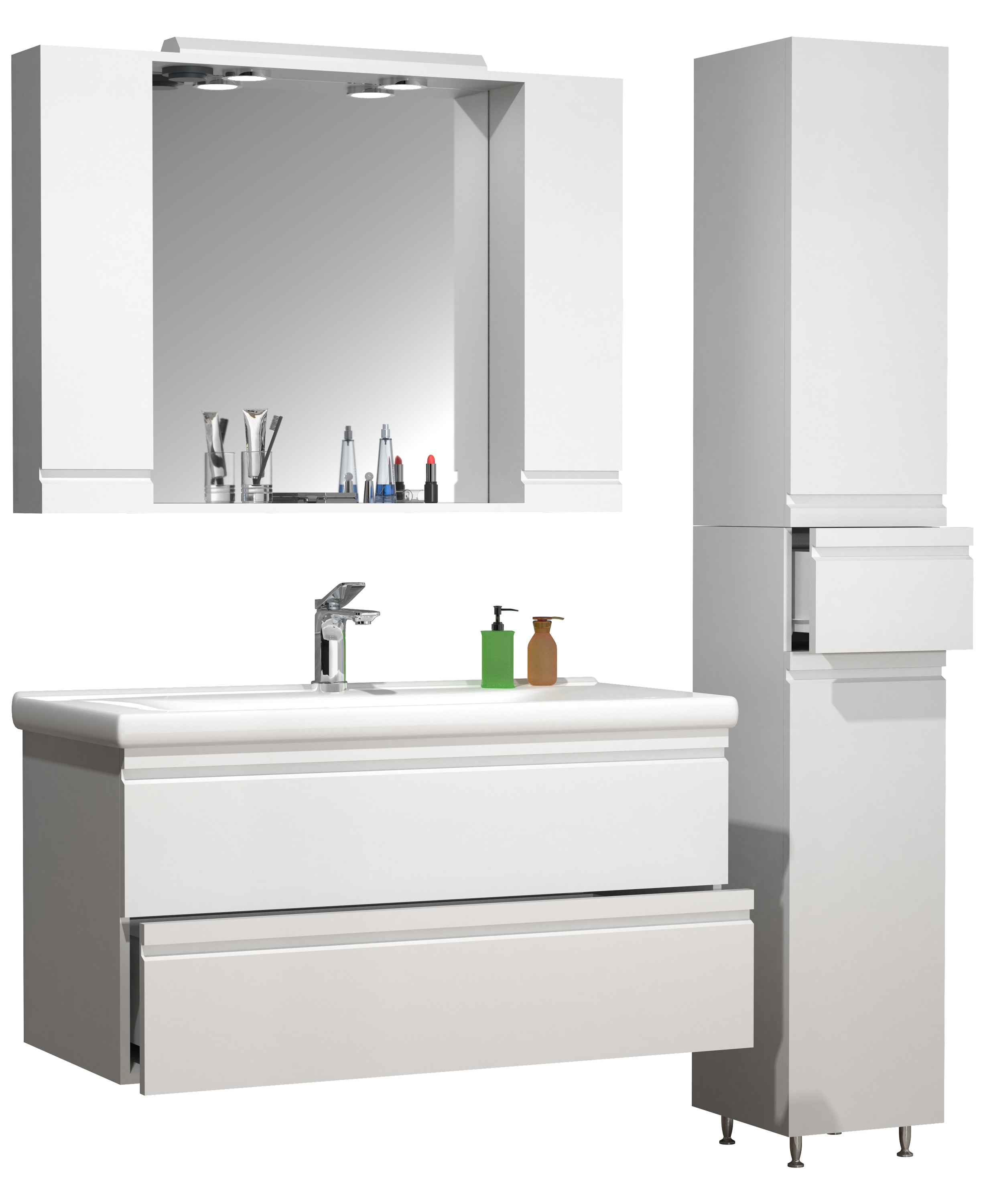 VCM 4-tlg. Waschplatz Waschtisch 100 cm Badm&ouml;bel Set Waschbecken grifflose Schublade Spiegelschrank Hochschrank Silora XL - Bild 1