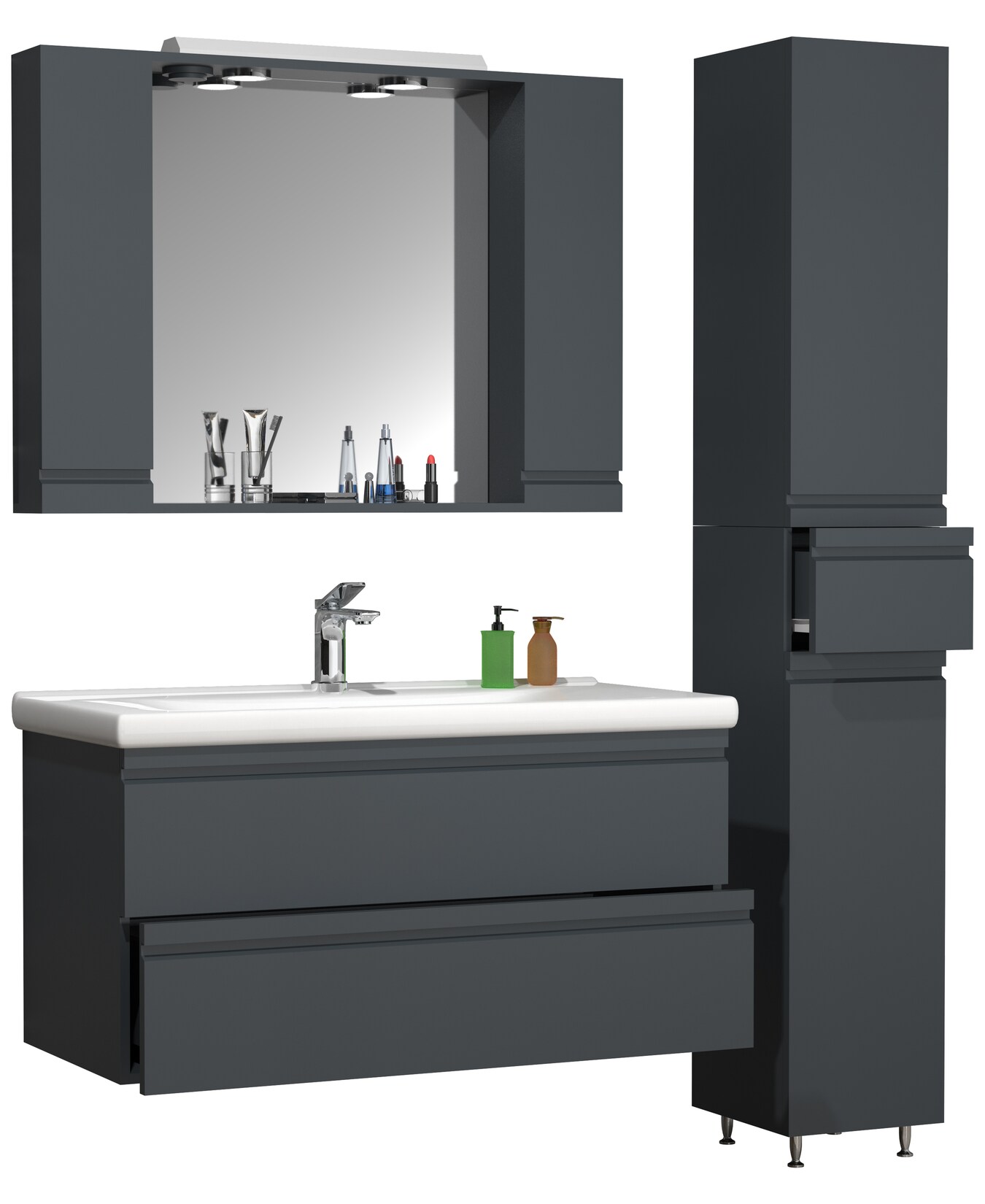 VCM 4-tlg. Waschplatz Waschtisch 100 cm Badmöbel Set Waschbecken grifflose Schublade Spiegelschrank Hochschrank Silora XL