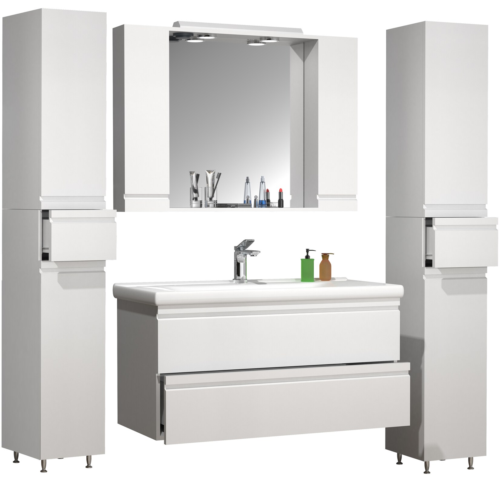 VCM 5-tlg. Waschplatz Waschtisch Unterschrank 100 cm Badmöbel Set mit Waschbecken Spiegelschrank Hochschrank grifflose Schubladen Komplettset Silora XL