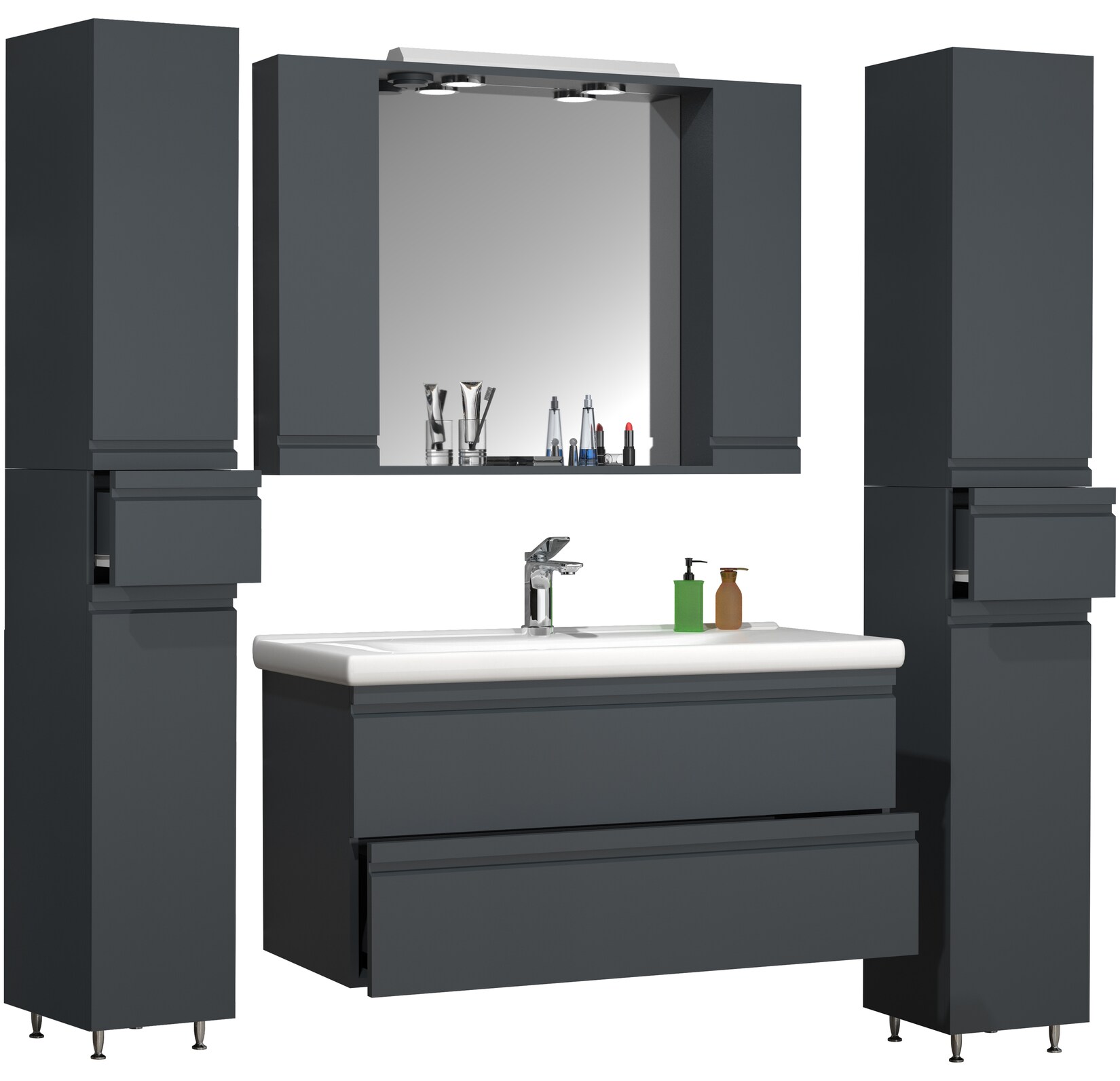 VCM 5-tlg. Waschplatz Waschtisch Unterschrank 100 cm Badmöbel Set mit Waschbecken Spiegelschrank Hochschrank grifflose Schubladen Komplettset Silora XL