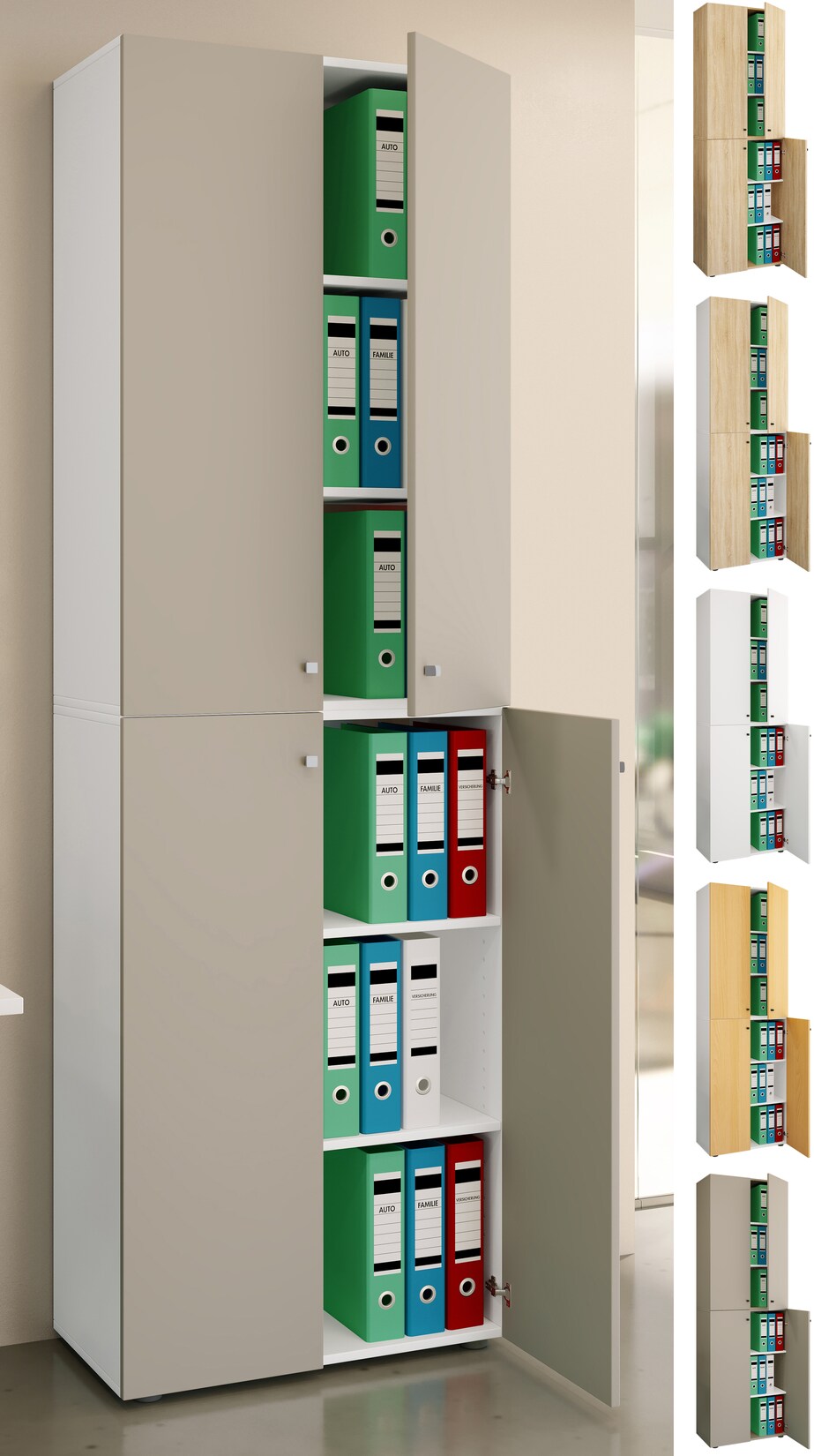 VCM Büroschrank mit 6 Fächern moderner Aktenschrank mit Drehtüren Maße ca. H. 220 x B. 70 x T. 40cm – Lona 6-Fach