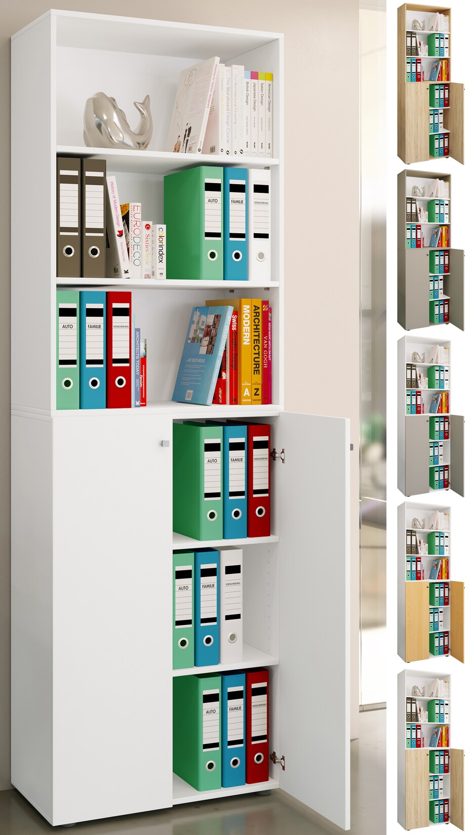 VCM Büroschrank mit 6 Fächern Büroregal moderner Aktenschrank mit Drehtüren Maße ca. H. 220 x B. 70 x T. 40cm – Lona 6-Fach