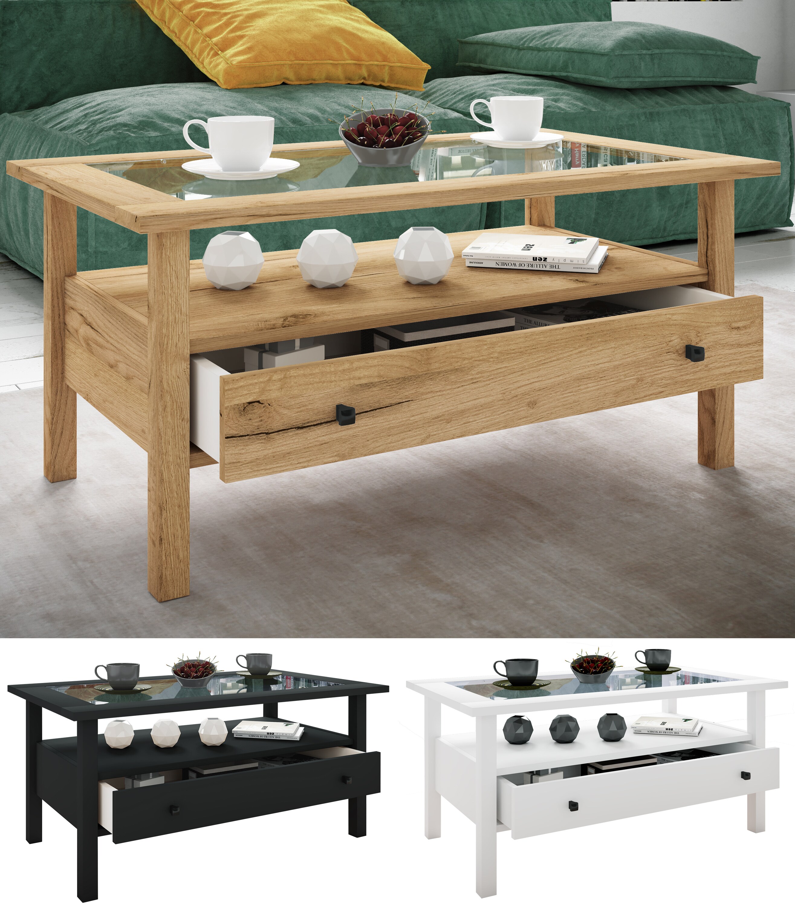 VCM Holz Beistelltisch mit ESG-Sicherheitsglas | Couchtisch schlicht | Ma&szlig;e ca. H. 42 x B. 90 x T. 54 cm | Wohnzimmertisch mit Schublade | Sofatisch - Lingis L - Bild 1