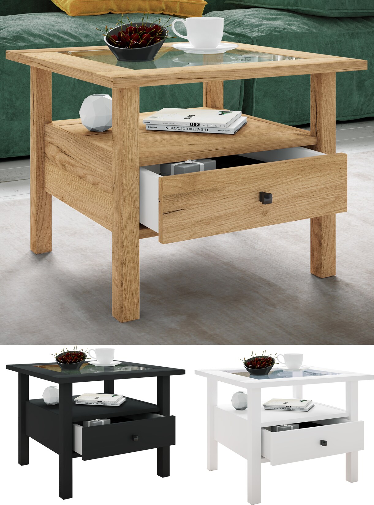 VCM Holz Beistelltisch mit ESG-Sicherheitsglas   Couchtisch schlicht   Maße ca. H. 42 x B. 54 x T. 54 cm   Wohnzimmertisch mit Schublade   Sofatisch – Lingis M | 04051814427992