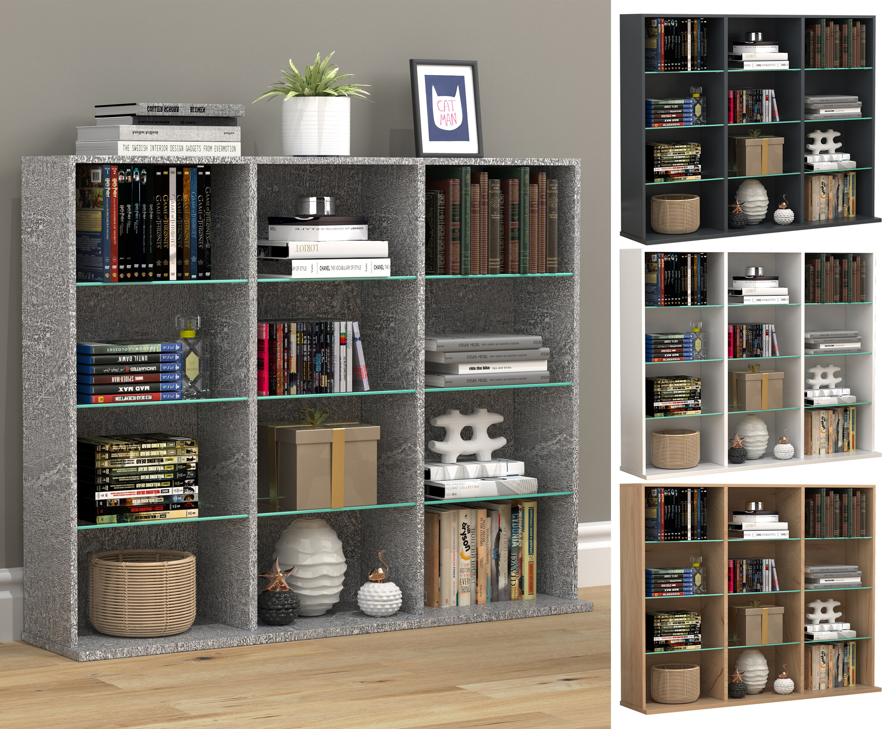 VCM Holz CD DVD Standregal B&uuml;cherregal Raumteiler Deko Regal Glas Zilas L - Bild 1