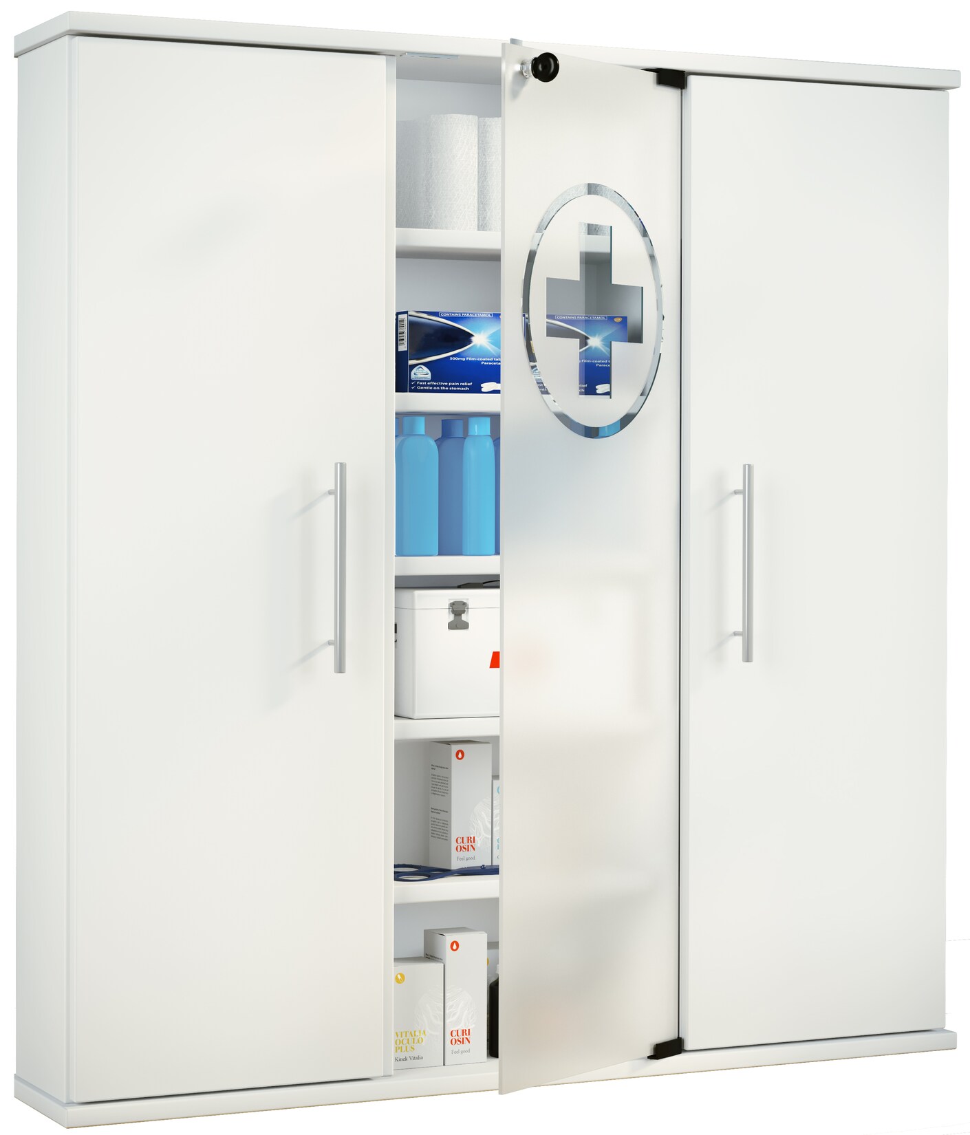 VCM Medizinschrank   Maße ca. 92 x B. 88 x T. 18 cm   Apothekerschrank abschließbar mit drei Drehtüren   stehend   Arzneischrank – Santila | 04051814429293