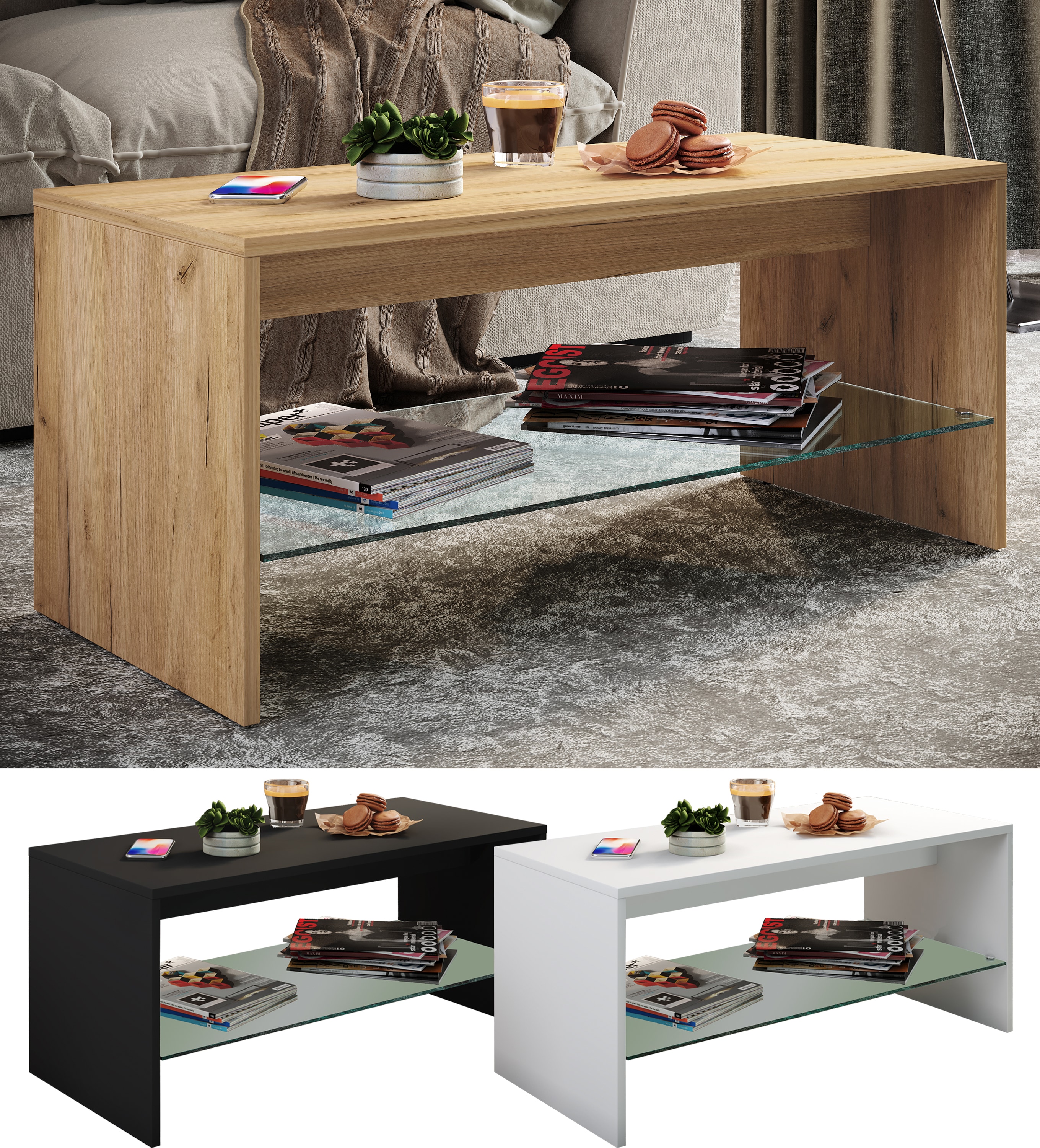 VCM Holz Couchtisch | Sofatisch mit ausreichend Stauraum | Ma&szlig;e ca. H. 40 x B. 90 x T. 40 cm | Wohnzimmertisch &ndash; Wisal - Bild 1