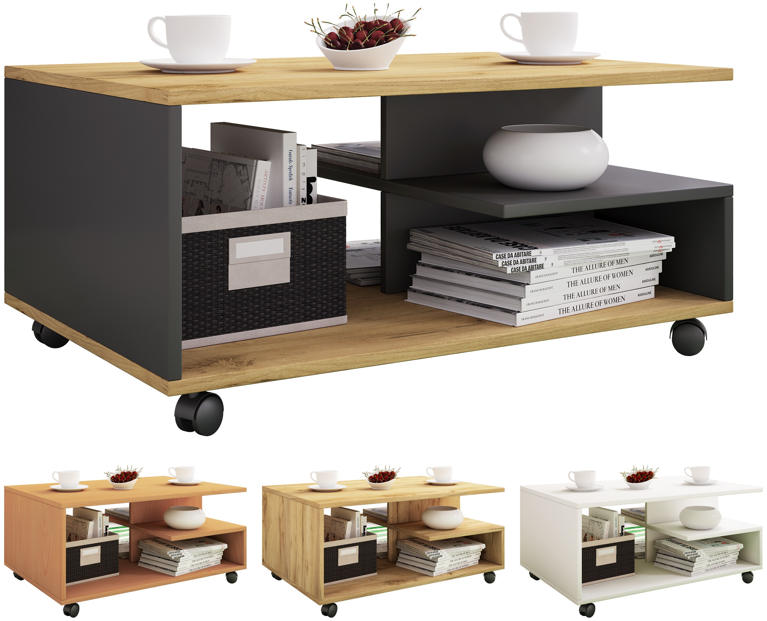 VCM Holz Couchtisch schlicht | Sofatisch Rollen | Ma&szlig;e ca. H. 41 x B. 80 x T. 50 cm | rollbar Kaffeetisch - Stango L - Bild 1