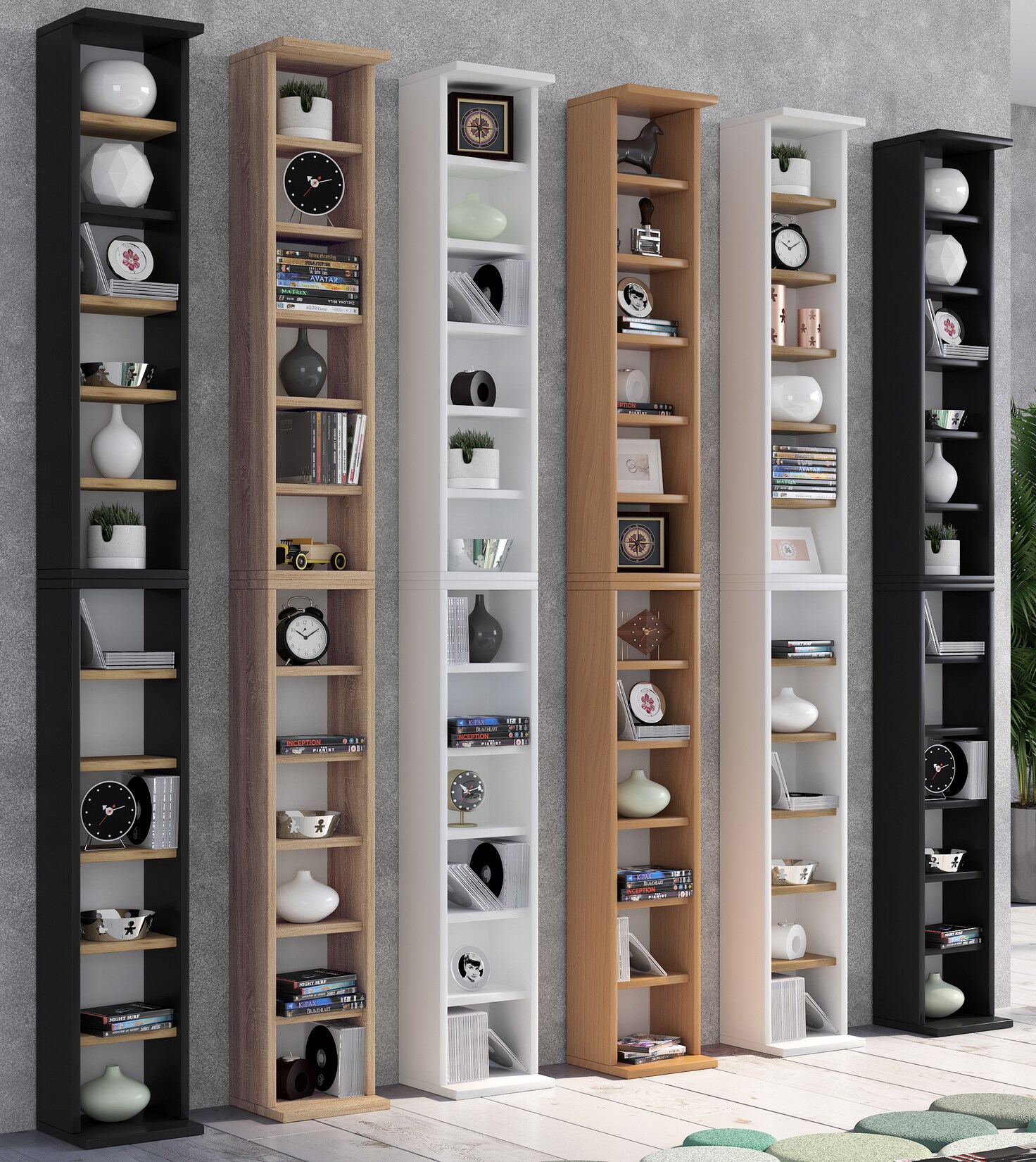 VCM Holzregal stehend platzsparender CD Schrank für 204 CDs oder 72 DVDs Maße: H. 180 x B. 21 x T. 20 cm Elegantes DVD Regal stehend Blu-Ray Regal CD Regal - Bigol