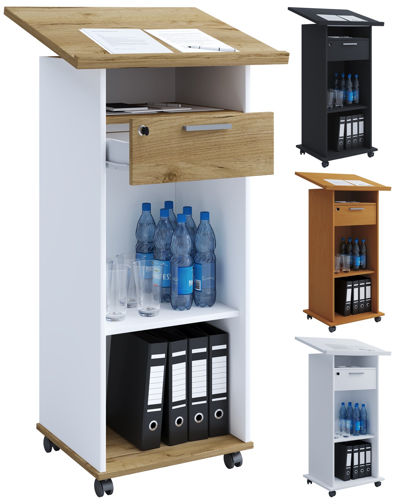 VCM Holz mobiles Rednerpult   Maße ca. H. 108 bis 120 cm x B. 60 cm x T. 50 cm   Stehpult mit Rollen  rollbar mit Schublade   Stehtisch – Melta | 04051814430923