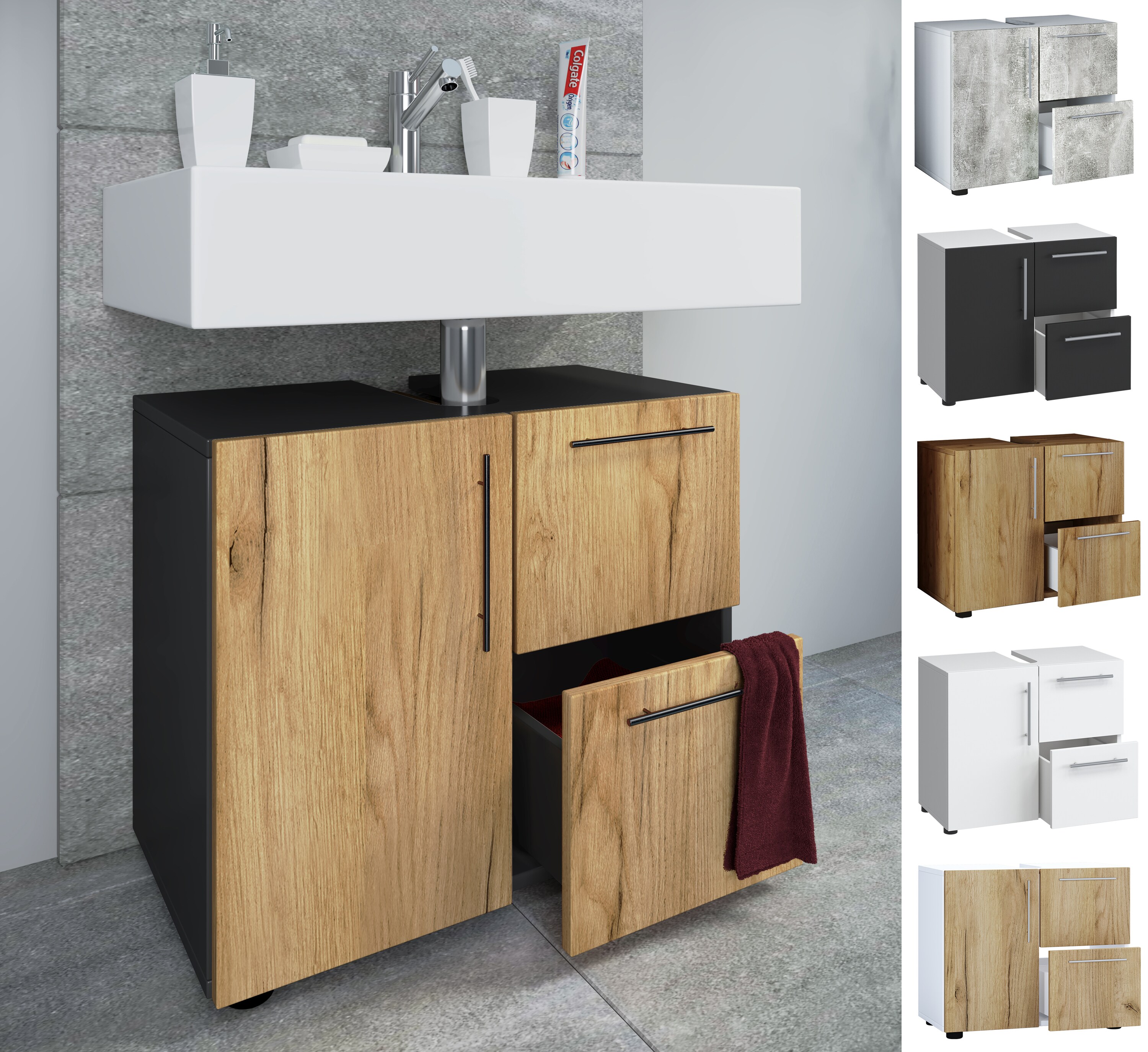 VCM Holz Waschbeckenunterschrank | Badschrank | Ma&szlig;e: H. 51 x B. 61 x T. 32 cm | 1 Dreht&uuml;r | 2 gro&szlig;e Schubladen | modernes Badezimmerm&ouml;bel - Flandu - Bild 1