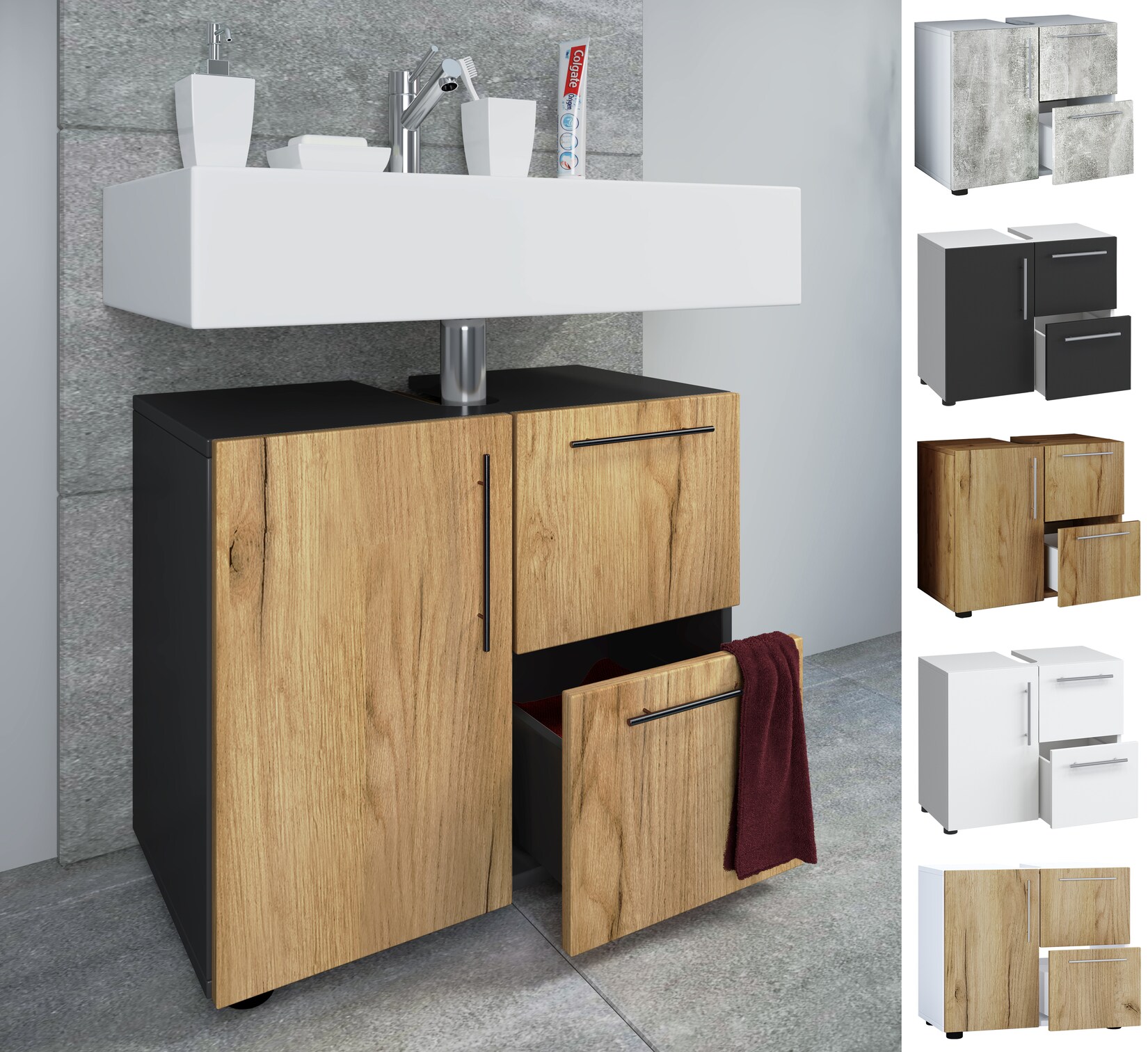 VCM Holz Waschbeckenunterschrank   Badschrank   Maße: H. 51 x B. 61 x T. 32 cm   1 Drehtür   2 große Schubladen   modernes Badezimmermöbel – Flandu | 04051814431012