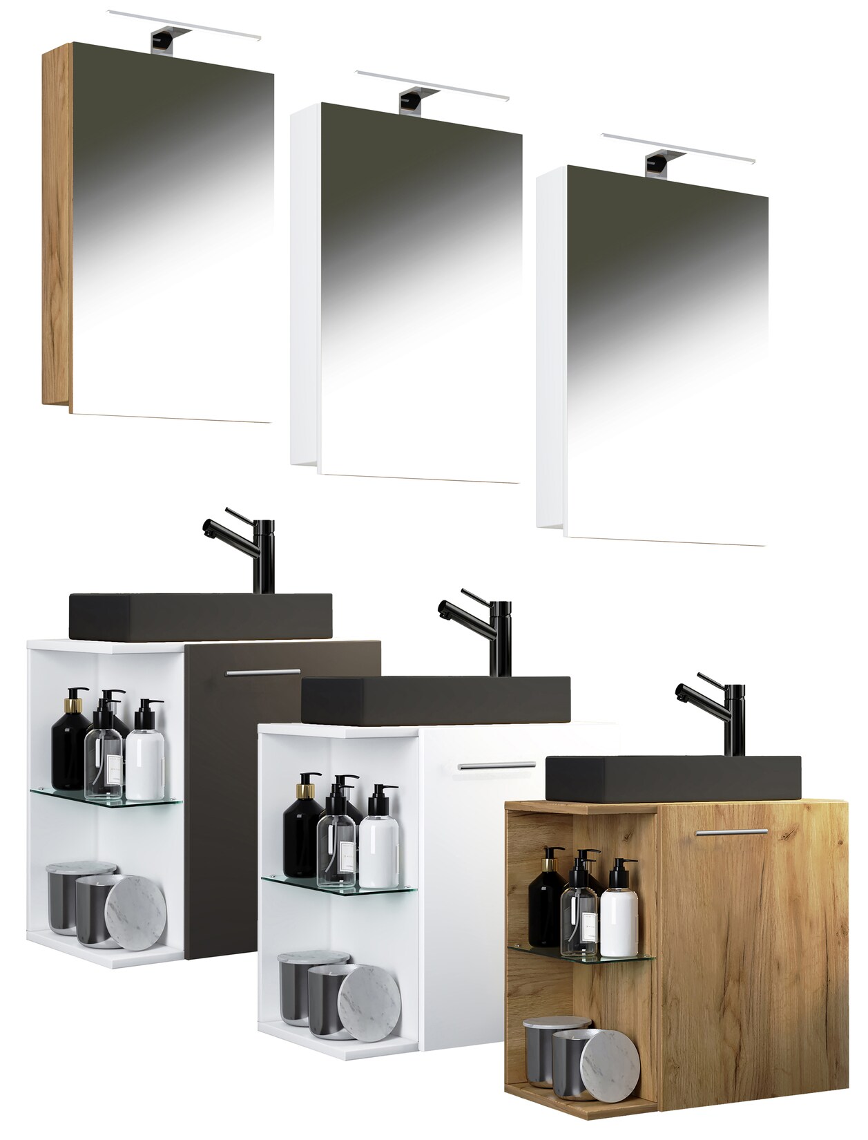 VCM 3-tlg Set Waschplatz für Gäste WC Gästebad Waschtisch mit Spiegel Badezimmer Set – Hausa SP-BL