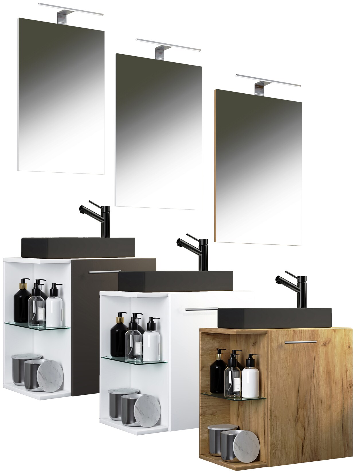 VCM 3-tlg Set Waschplatz für Gäste WC Gästebad Waschtisch mit Spiegel Badezimmer Set – Hausa SC-BL