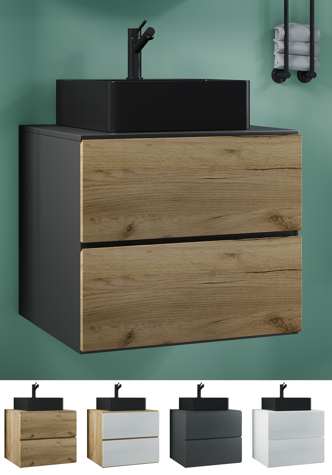 VCM 2-tlg. Waschplatz Waschtisch schwarzes Waschbecken Unterschrank Breite 60 cm Badmöbel Set mit Schubladen Lendas S BL