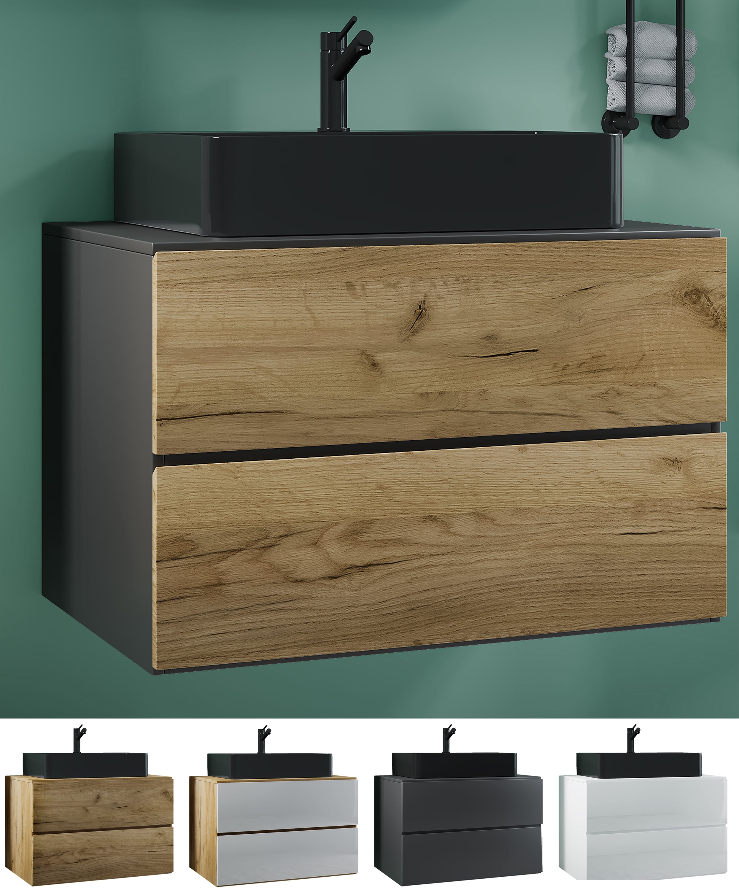 VCM 2-tlg. Waschplatz Waschtisch | schwarzes Waschbecken Unterschrank Breite 80 cm |  Badm&ouml;bel Set mit Schubladen | Lendas S BL - Bild 1