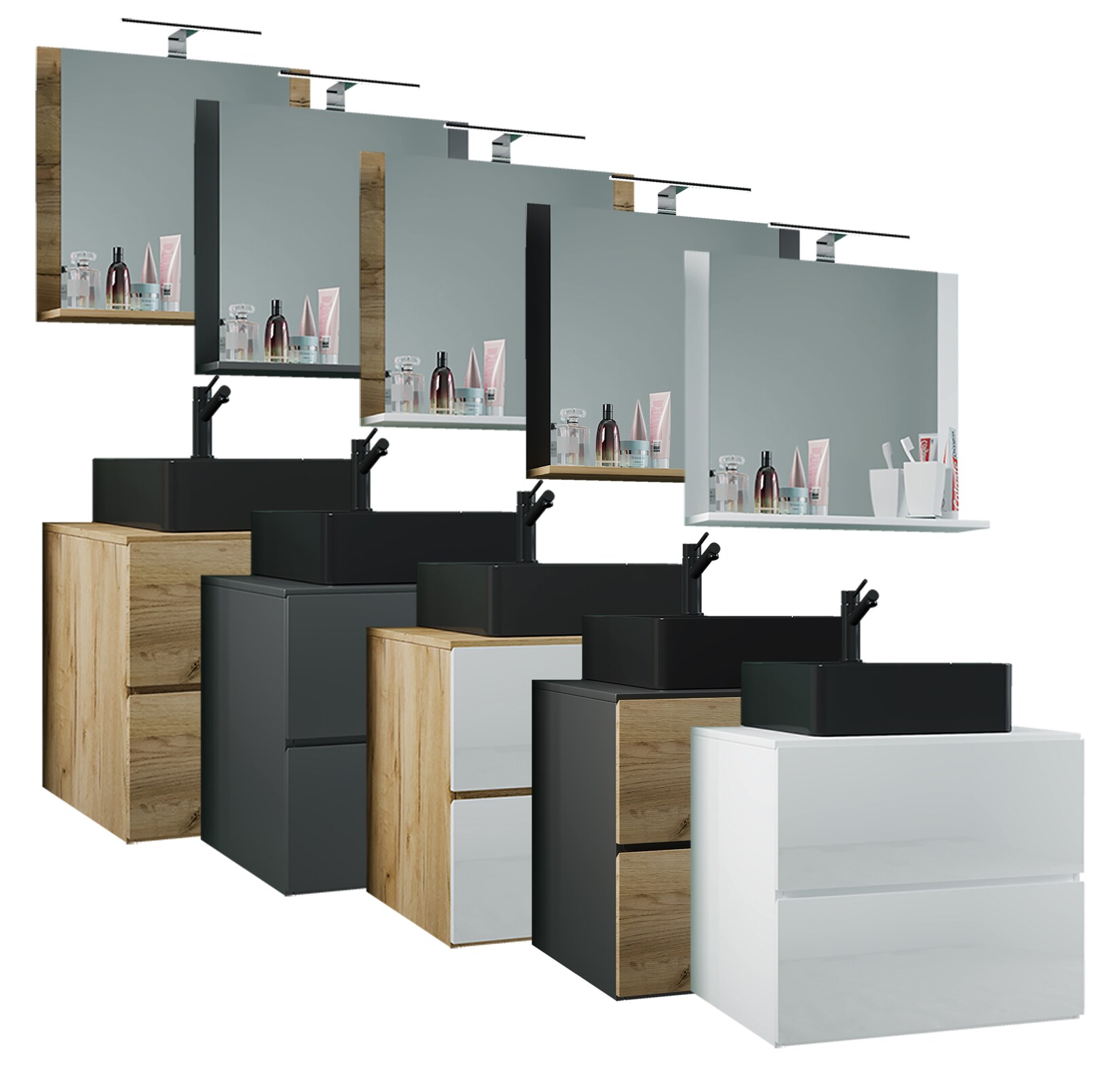 VCM 3-tlg. Waschplatz Waschtisch schwarzes Waschbecken Unterschrank Breite 60 cm Badmöbel Set mit Schubladen Spiegel Lendas S BL