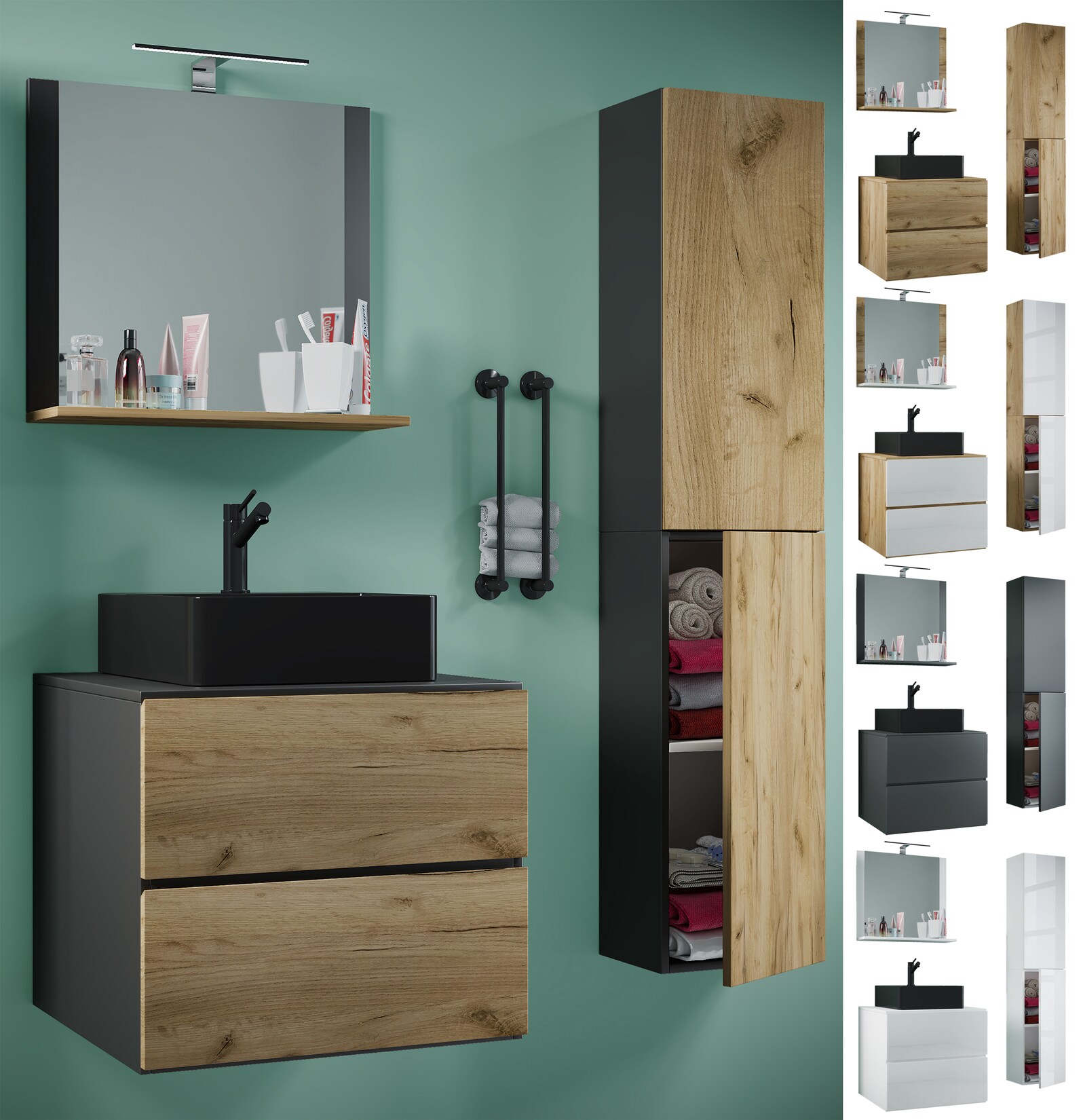 VCM 4-tlg. Waschplatz Waschtisch schwarzes Waschbecken Unterschrank Breite 60 cm Badmöbel Set mit Schubladen Drehtüren Spiegel Lendas S BL