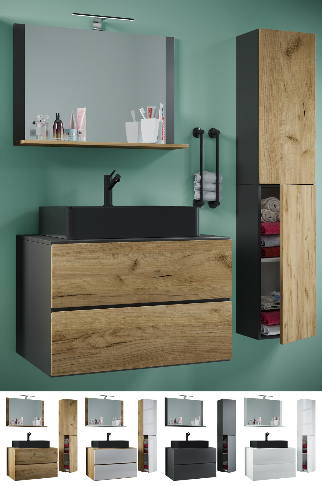 VCM 4-tlg. Waschplatz Waschtisch schwarzes Waschbecken Unterschrank Breite 60 cm Badmöbel Set mit Schubladen Drehtüren Spiegel Lendas S BL