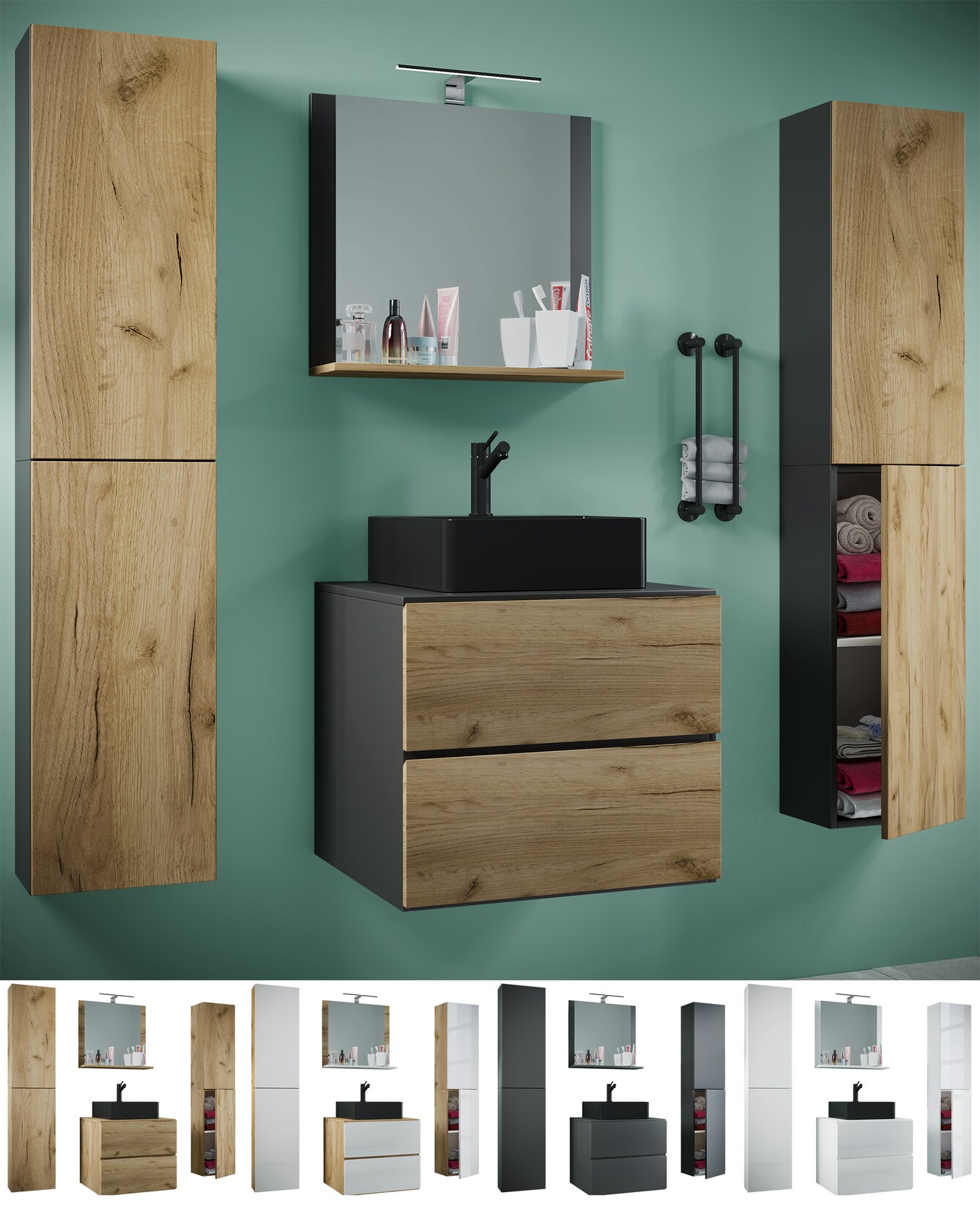 VCM 5-tlg. Waschplatz Waschtisch schwarzes Waschbecken Unterschrank Breite 60 cm Badmöbel Set mit Schubladen Drehtüren Spiegel Lendas S BL