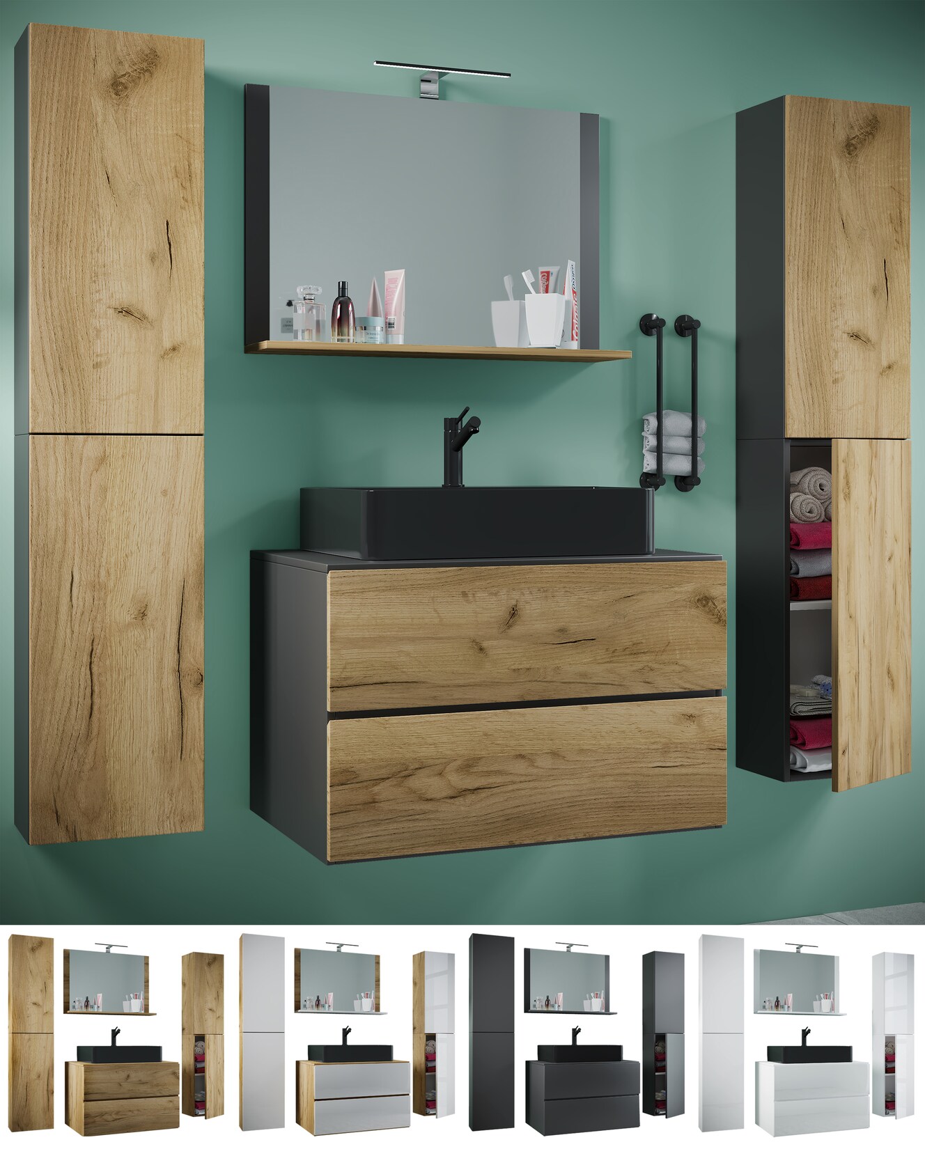 VCM 5-tlg. Waschplatz Waschtisch schwarzes Waschbecken Unterschrank Breite 60 cm Badmöbel Set mit Schubladen Drehtüren Spiegel Lendas S BL