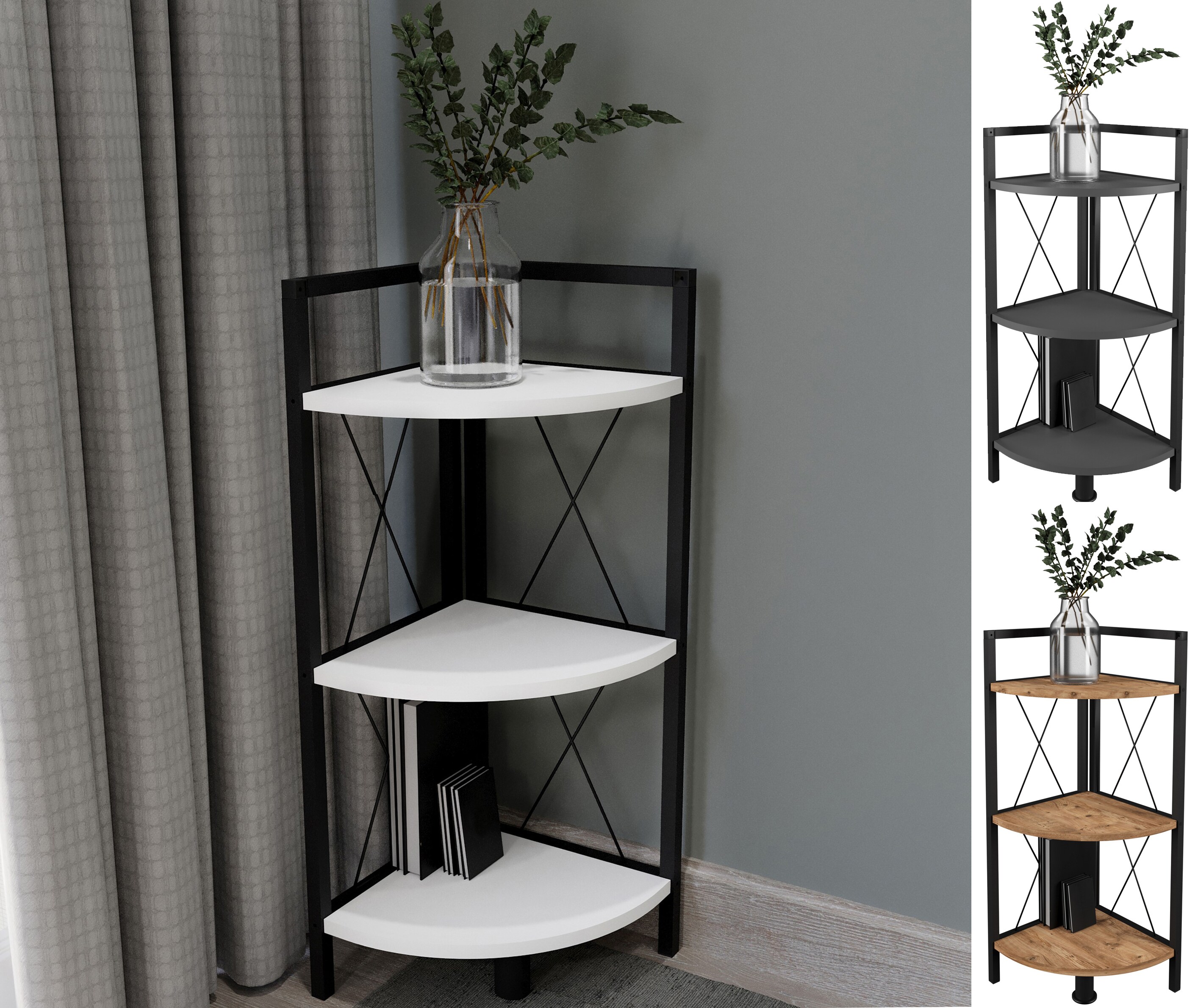 VCM Holz Metall Eckregal Aufbewahrung Stand Regal B&uuml;cherregal Deko B&uuml;cher Standregal Insasi 2 - Bild 1