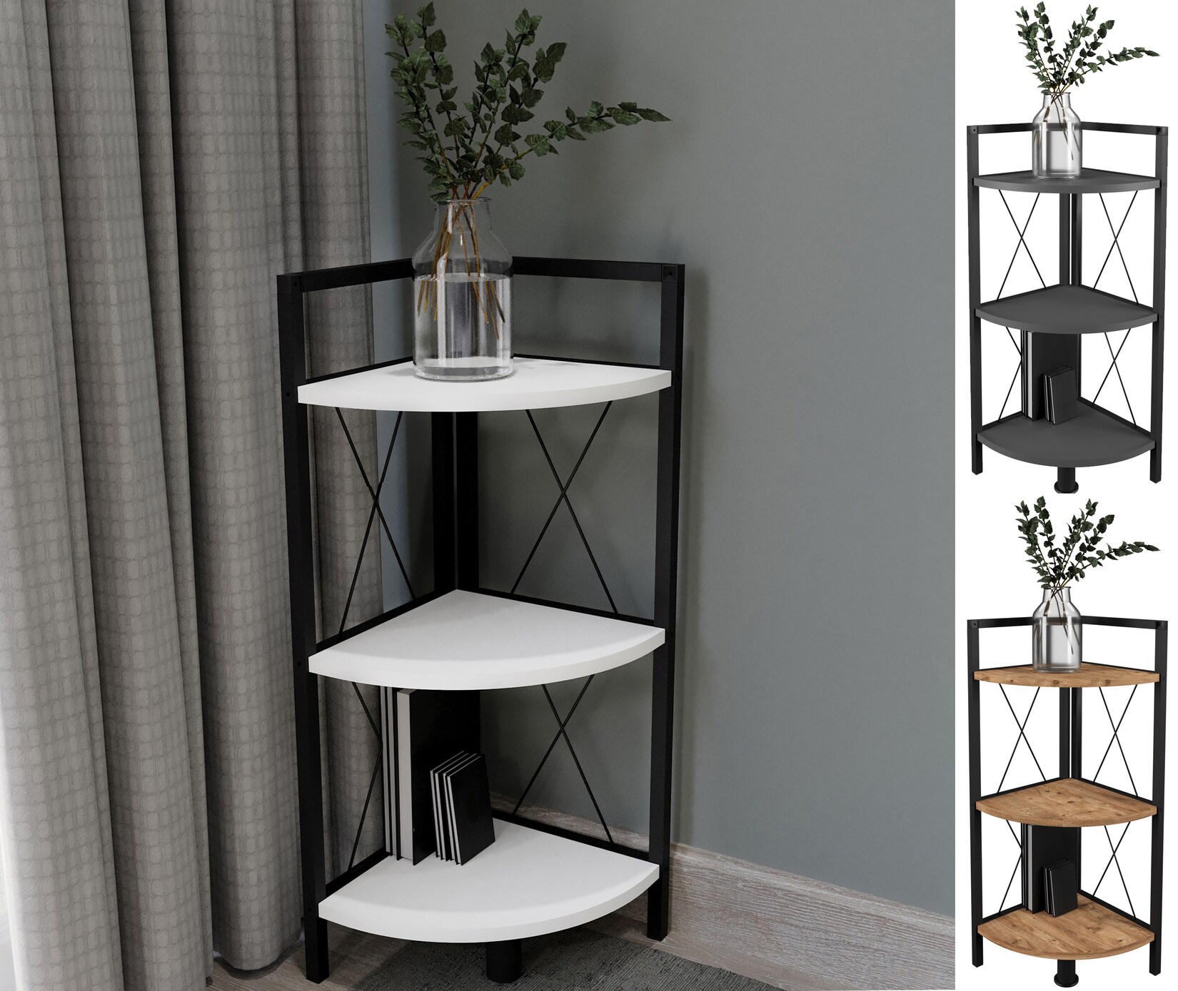 VCM Holz Metall Eckregal Aufbewahrung Stand Regal Bücherregal Deko Bücher Standregal Insasi 2 | 04051814434839