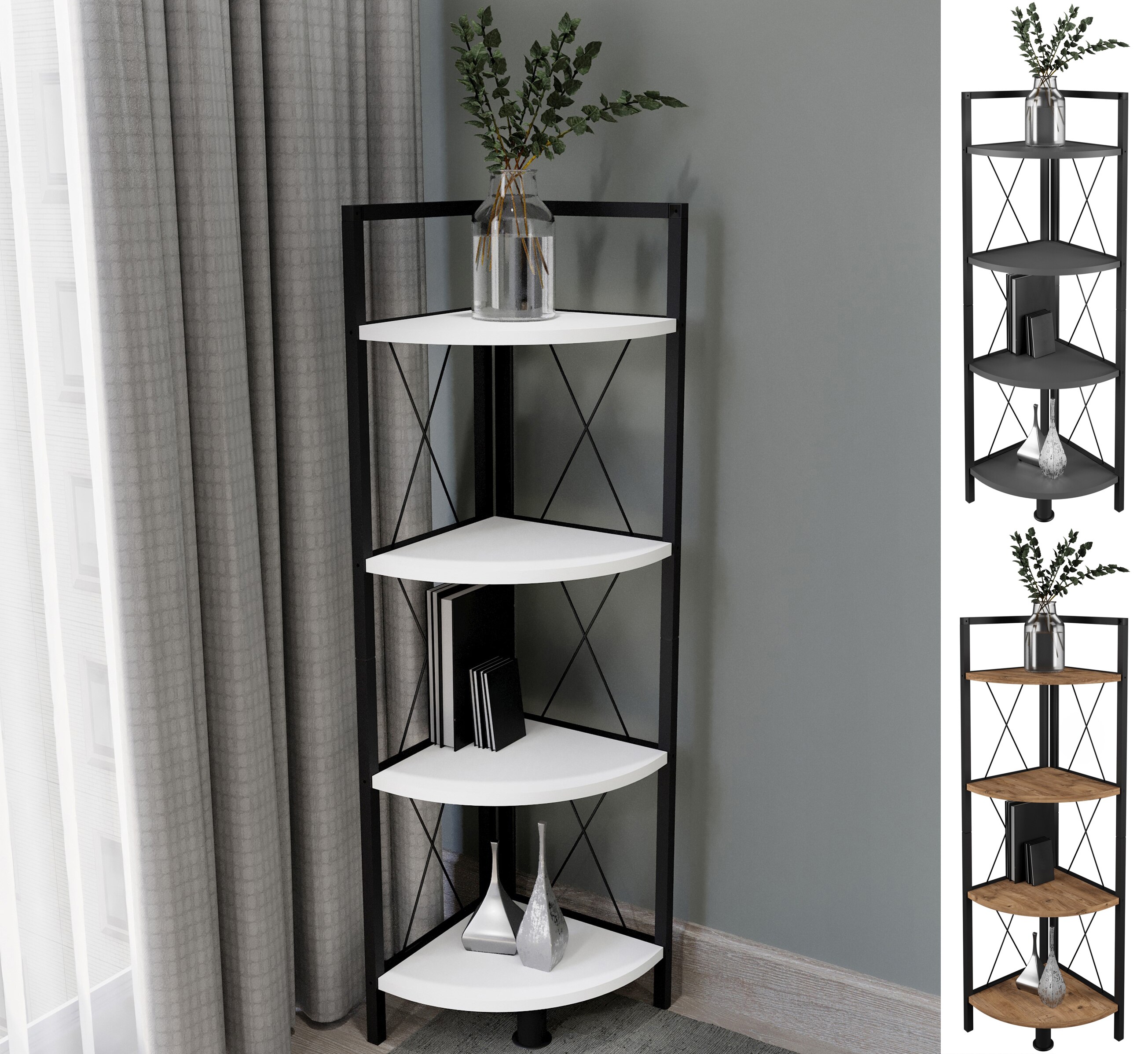VCM Holz Metall Eckregal Aufbewahrung Stand Regal B&uuml;cherregal Deko B&uuml;cher Standregal Insasi 4 - Bild 1