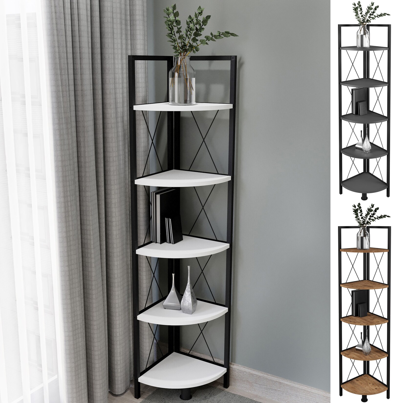 VCM Holz Metall Eckregal Aufbewahrung Stand Regal Bücherregal Deko Bücher Standregal Insasi 5 | 04051814434891