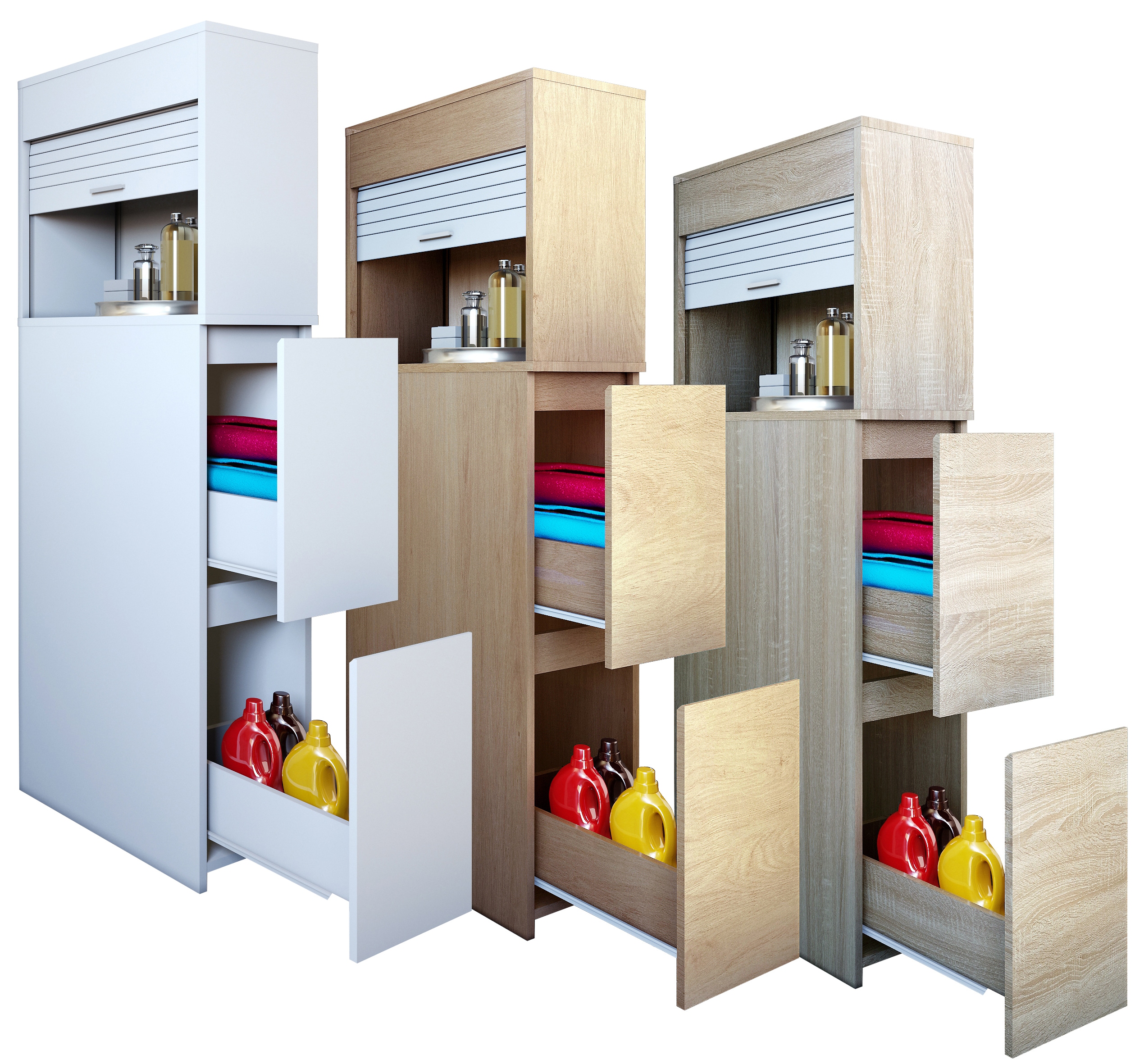 VCM Badm&ouml;bel Nischenschrank | Ma&szlig;e: H. 131 x B. 25 x T. 48 cm | Raumteiler | 2 Schubladen | 1 gro&szlig;es offenes Fach mit Rolladen - Tasalo - Bild 1