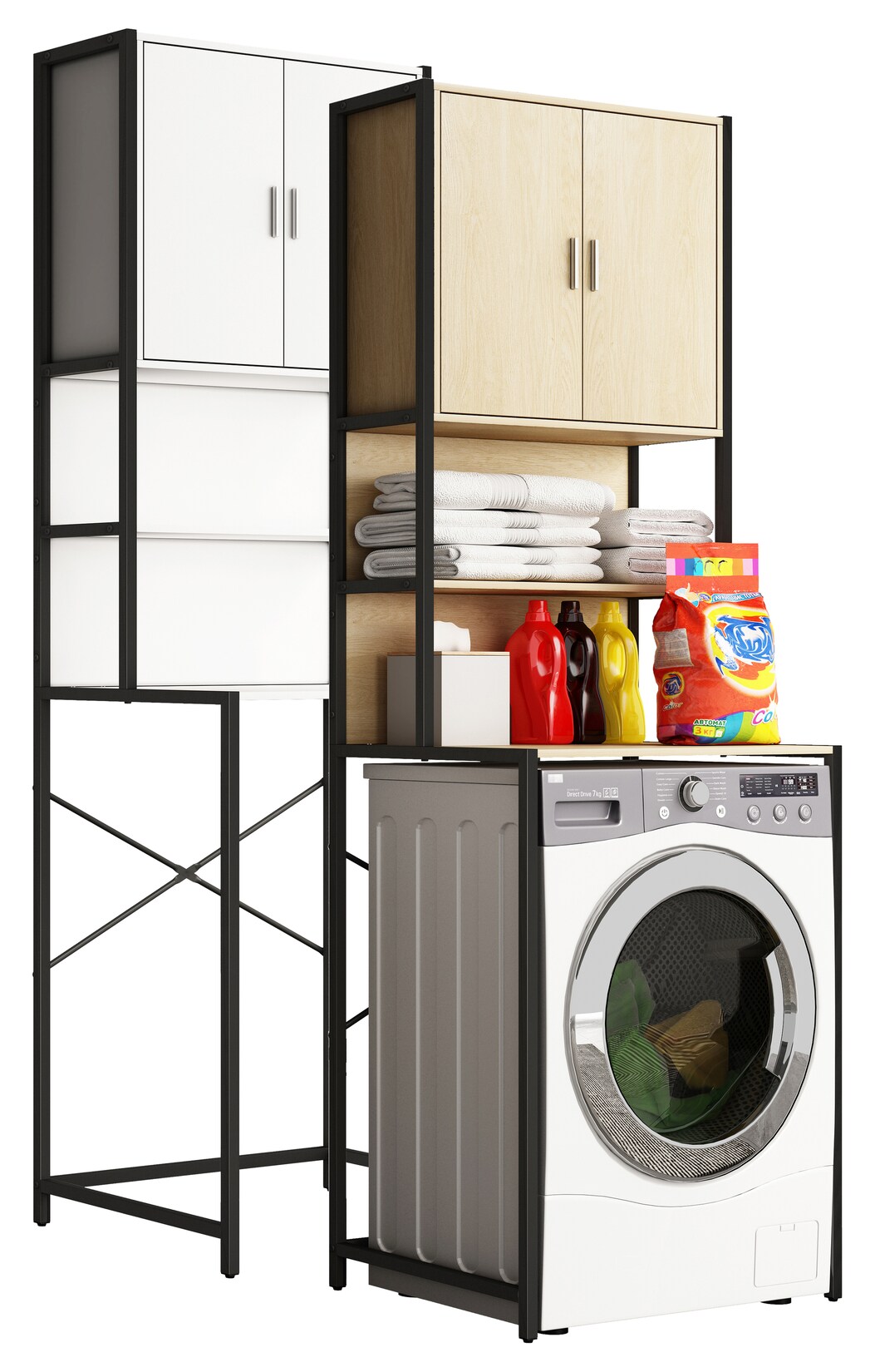 VCM Metall Überbauschrank Waschmaschine Maße: . 189 x B. 64 x T. 48 cm Seitenteile aus Metall Korpus und Rückwand aus Holz 1 große und 2 kleine Ablagen 2 Drehtüren - Edino
