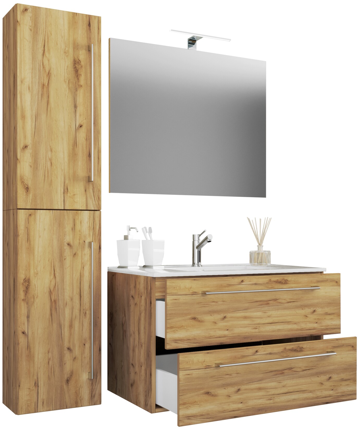 VCM 4-tlg. Waschplatz Waschtisch Waschbecken Unterschrank Breite 60 cm Badmöbel Set mit Schubladen Drehtüren Spiegel Badinos