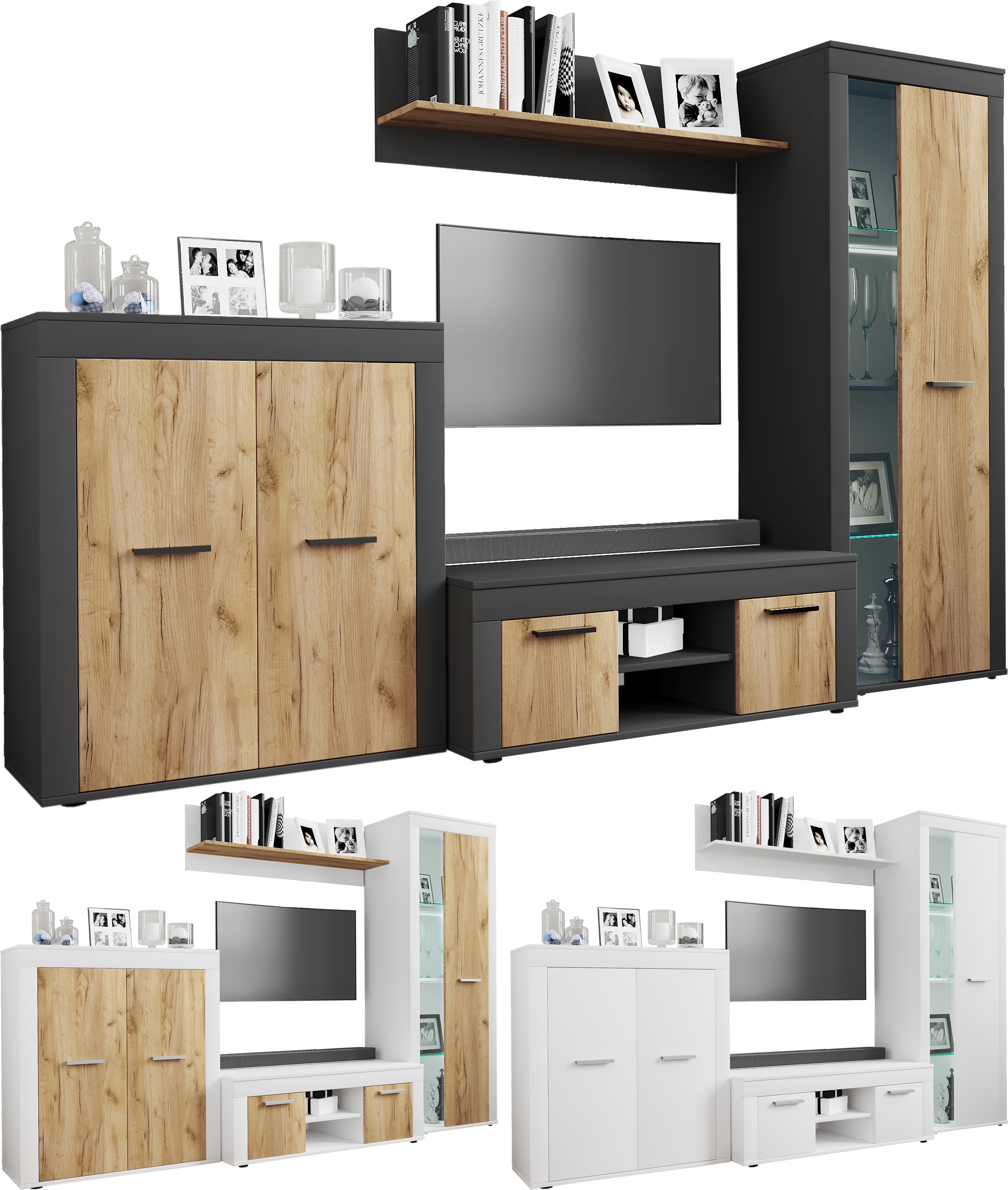 VCM TV M&ouml;bel | 4-tlg. Wohnwand mit ausreichend Stauraum | Fernsehschrank | Anbauwand &ndash; Usilo L - Bild 1