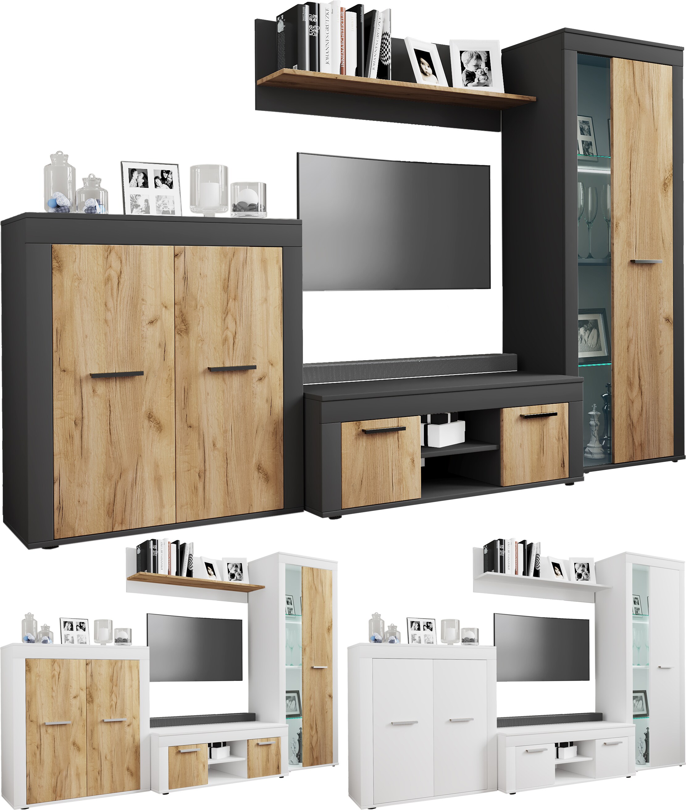 VCM TV M&ouml;bel | 4-tlg. Wohnwand mit ausreichend Stauraum | Fernsehschrank | Anbauwand &ndash; Usilo L - Bild 1