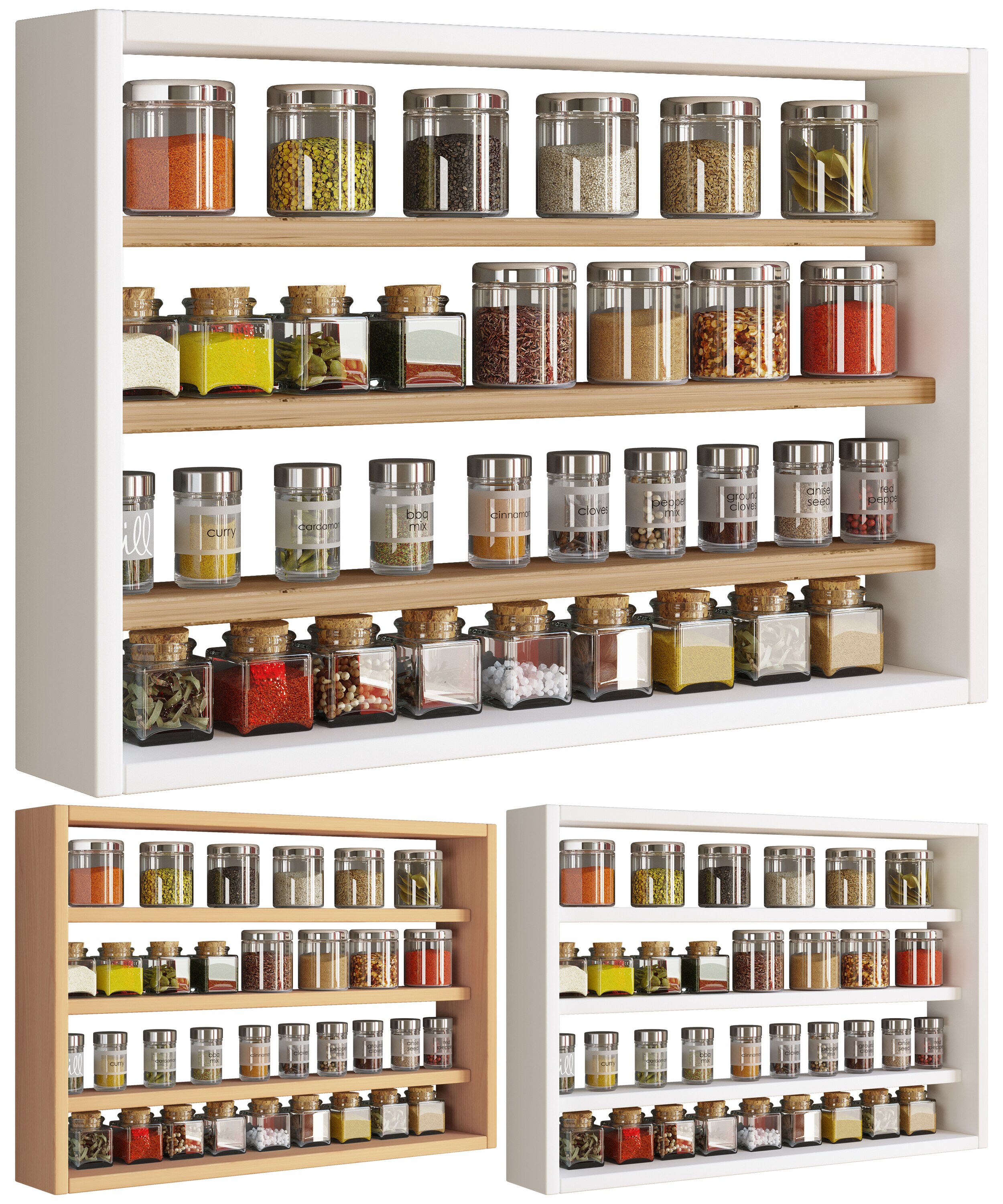 VCM Holz K&uuml;chenregal h&auml;ngend | Ma&szlig;e ca. H. 40 x B. 60 x T. 10 cm | H&auml;ngeregal mit vier F&auml;chern | Wandregal | Gew&uuml;rzregal | K&uuml;chenm&ouml;bel - Esaldi M - Bild 1