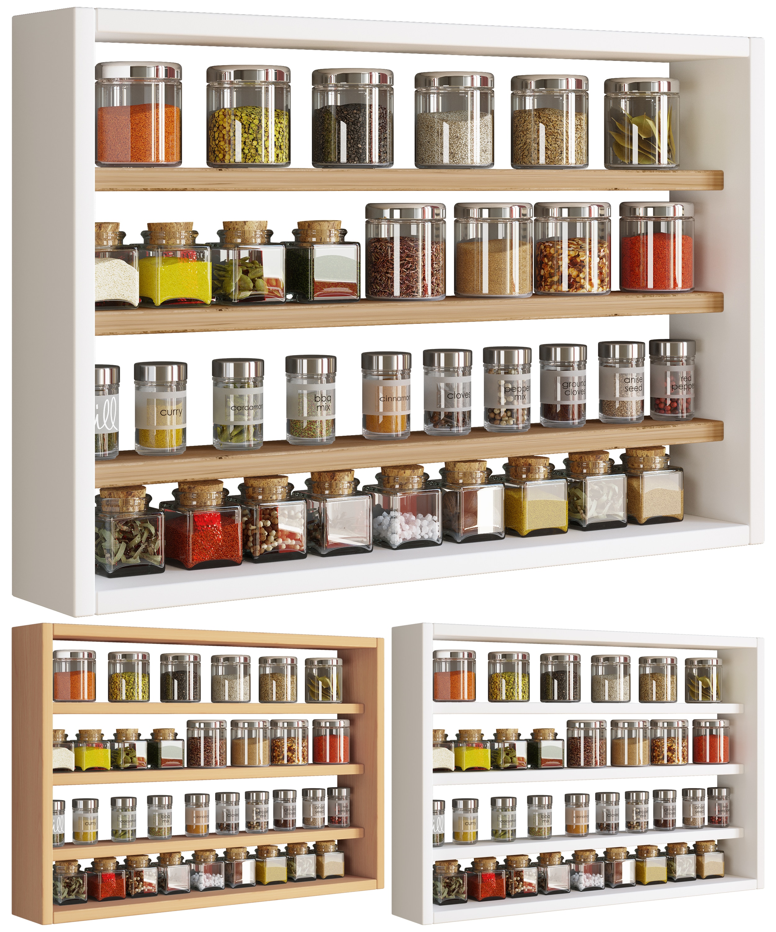 VCM Holz K&uuml;chenregal h&auml;ngend | Ma&szlig;e ca. H. 40 x B. 60 x T. 10 cm | H&auml;ngeregal mit vier F&auml;chern | Wandregal | Gew&uuml;rzregal | K&uuml;chenm&ouml;bel - Esaldi M - Bild 1