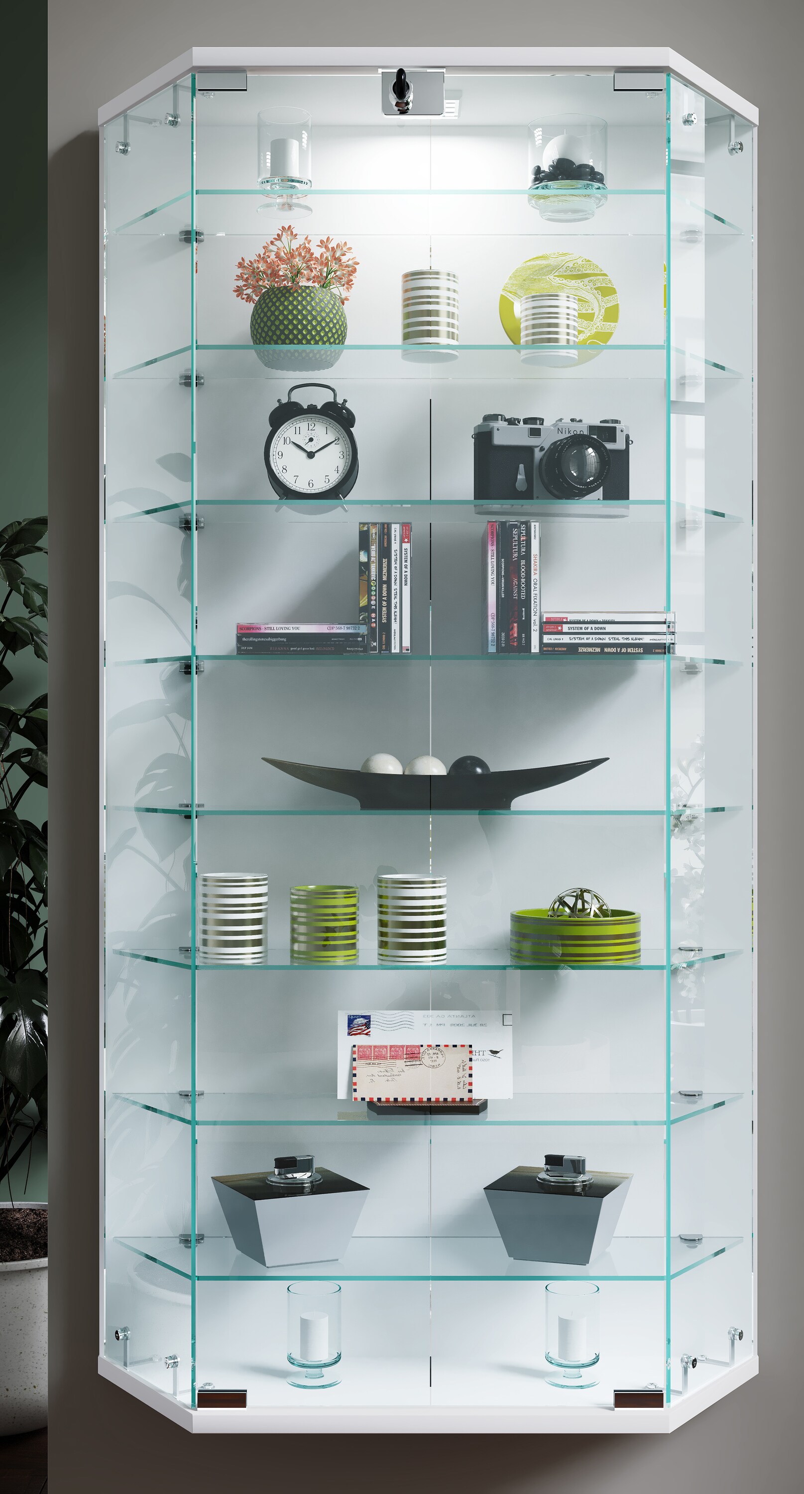Udina Vitrine murale avec 2 portes vitrées et 2 plateaux en verre, à fixer au mur, noir