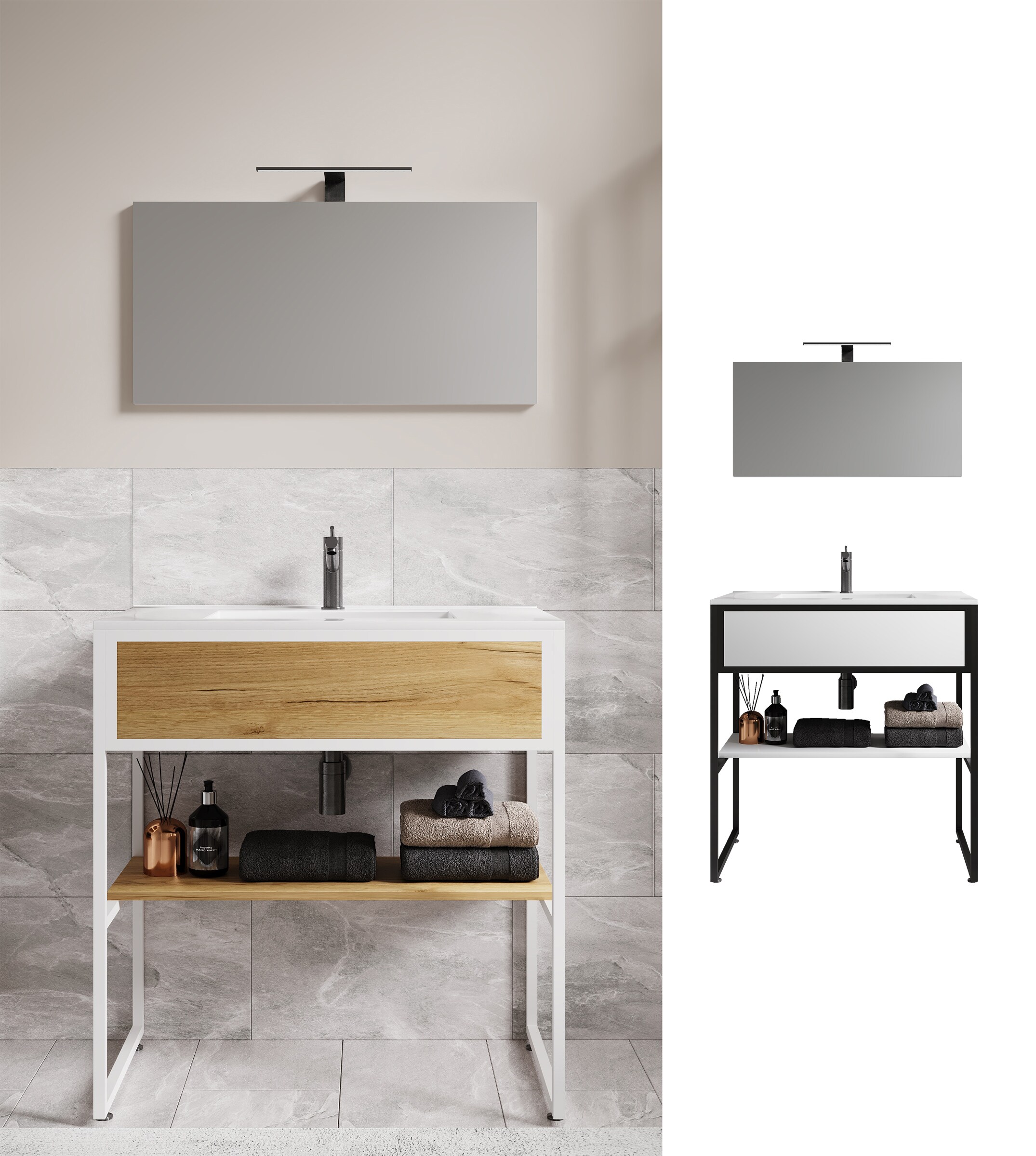 VCM 3-tlg. Waschplatz Waschtisch Badm&ouml;bel Set Waschbecken Holz Metall Industrial Style Bitila 80 V1 - Bild 1