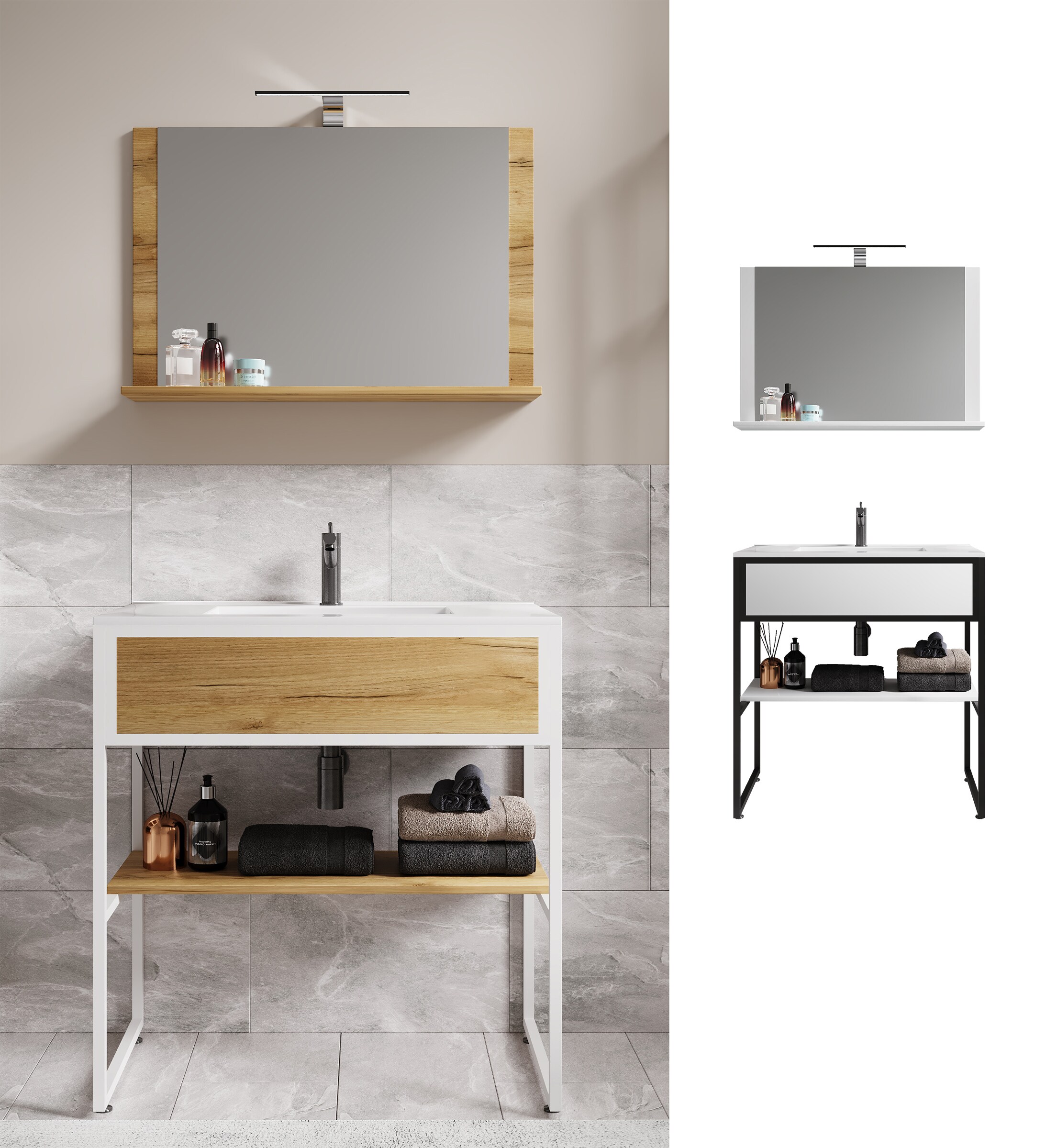 VCM 3-tlg. Waschplatz Waschtisch Badm&ouml;bel Set Waschbecken Holz Metall Industrial Style Bitila 80 V2 - Bild 1