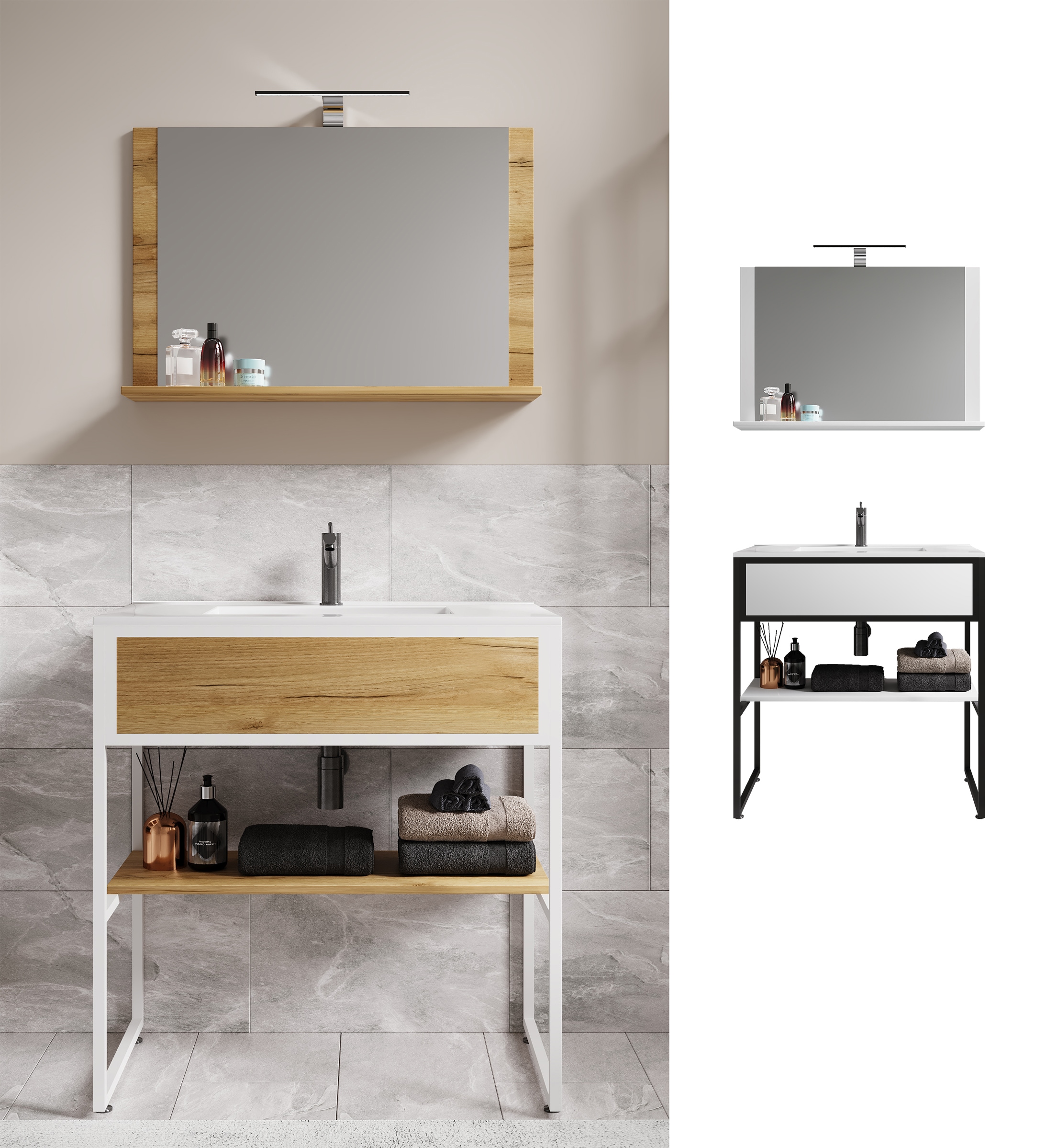 VCM 3-tlg. Waschplatz Waschtisch Badm&ouml;bel Set Waschbecken Holz Metall Industrial Style Bitila 80 V2 - Bild 1