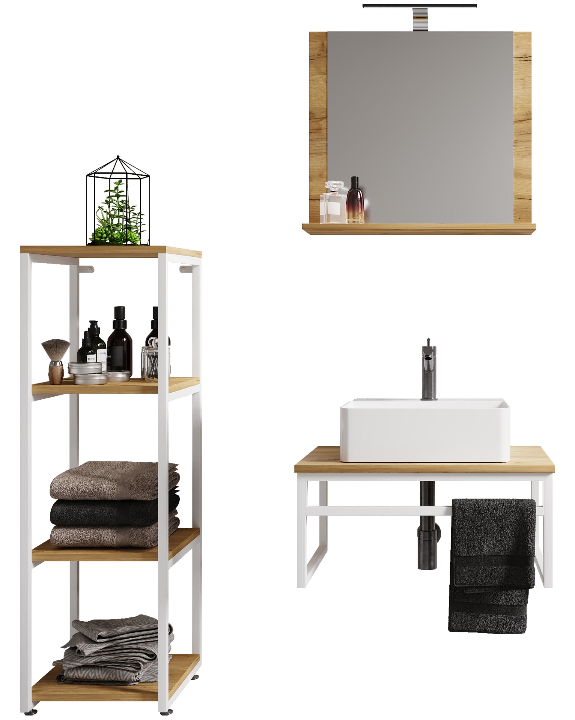 VCM 4-tlg. Waschplatz Waschtisch Badm&ouml;bel Set Waschbecken Holz Metall Industrial Style Bitila 60 V2 - Bild 1