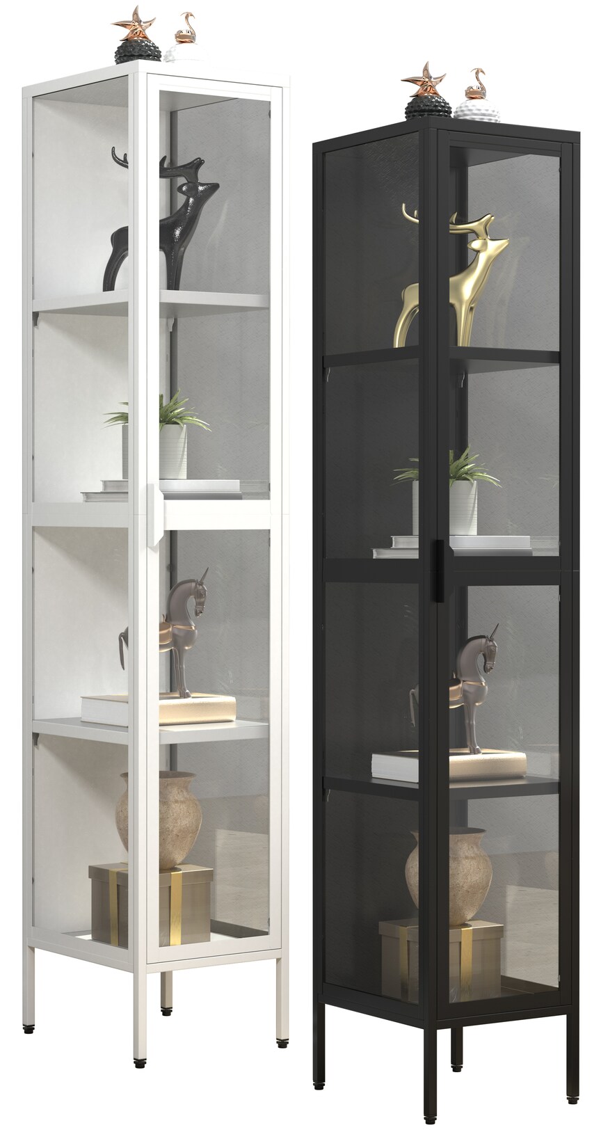 VCM Glasvitrine stehend Vitrine Glas mit ESG-Sicherheitsglas Maße ca. H. 160 x B. 30 x T. 35 cm Standvitrine Glas Modern und platzsparend Glas Vitrinenschrank – Floka XL