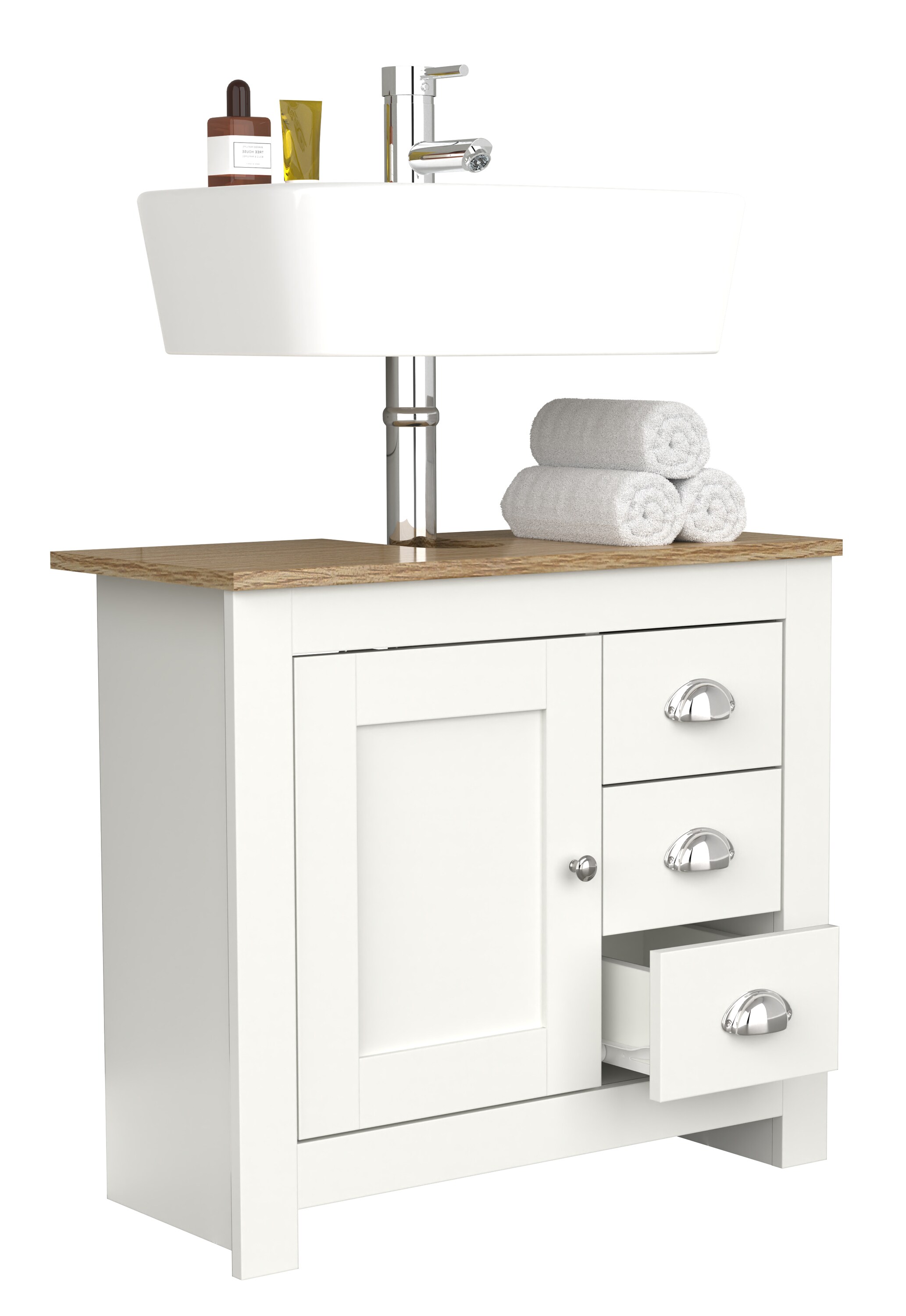 VCM Holz Waschbeckenunterschrank | Badschrank | Ma&szlig;e: H. 58 x B. 65 x T. 30 cm | 1 Dreht&uuml;r | 3 kleine Schubladen - Balusa L - Bild 1