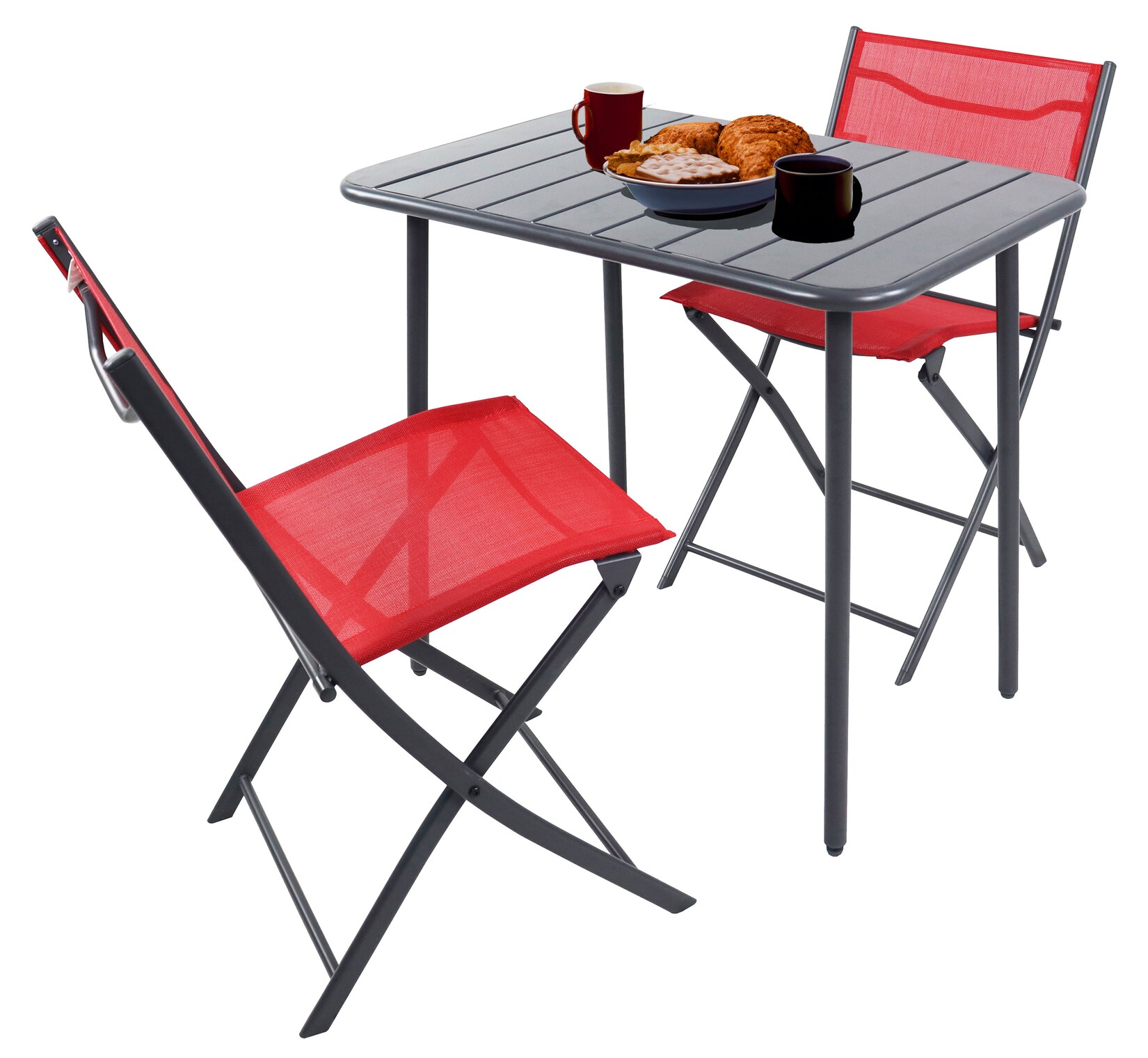VCM 3-teilig Balkonmöbel Set, Gartentisch 80x55 cm mit 2 Klappstühlen, Metall & Textilene, wetterbeständig, platzsparend für Balkon & Terrasse, Sumila